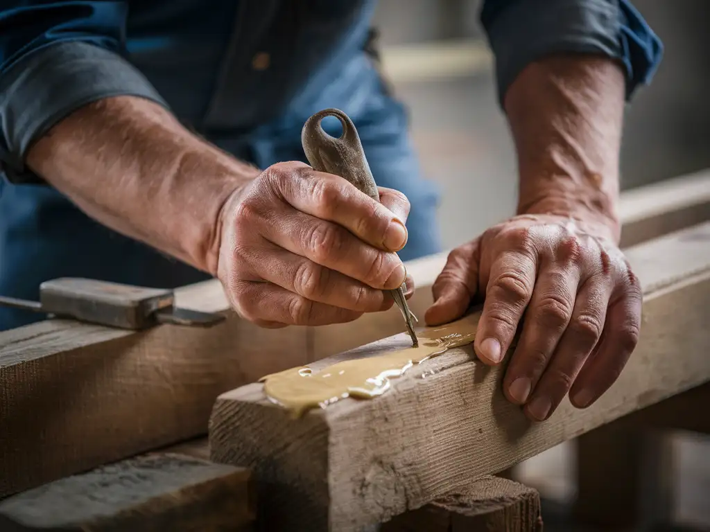 Closeup of Mens Hands Applying Glue to Wooden Beams