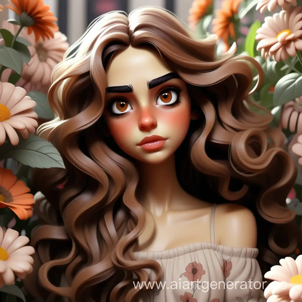 Девушка брюнетка с длинными волнистыми волосами, карие глаза и брови, губки чуть пухлые, в окружении ее цветы