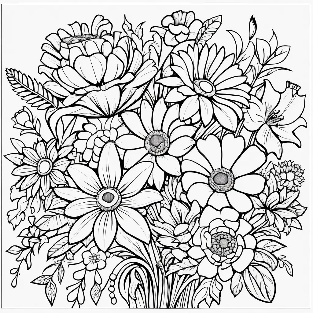 Coloring page with very defined and beautiful happy top flowers boquet