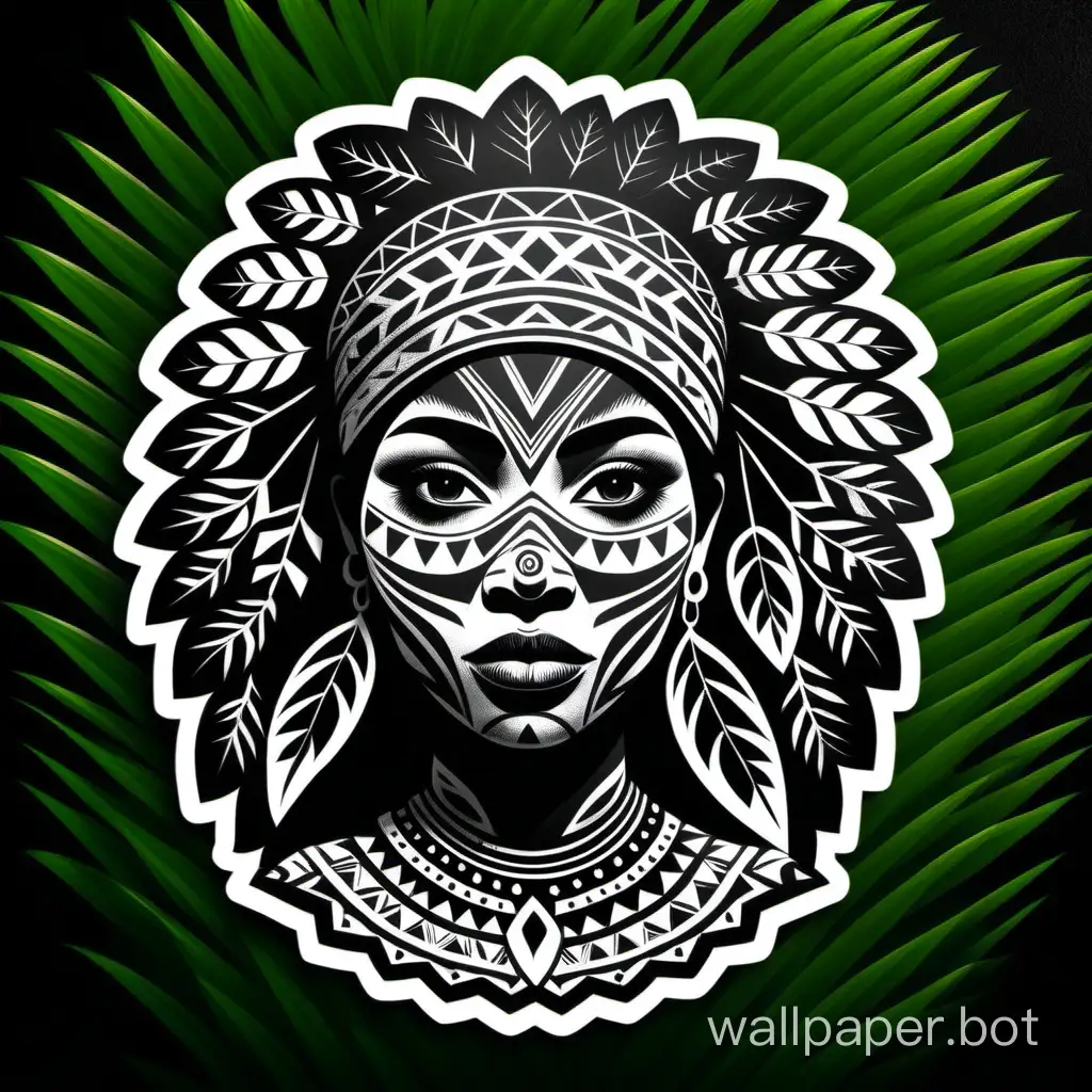 Indigenous woman silhouette, face, Brazilian forest, Marajoara culture pattern, monochromatic, stencil, sticker art