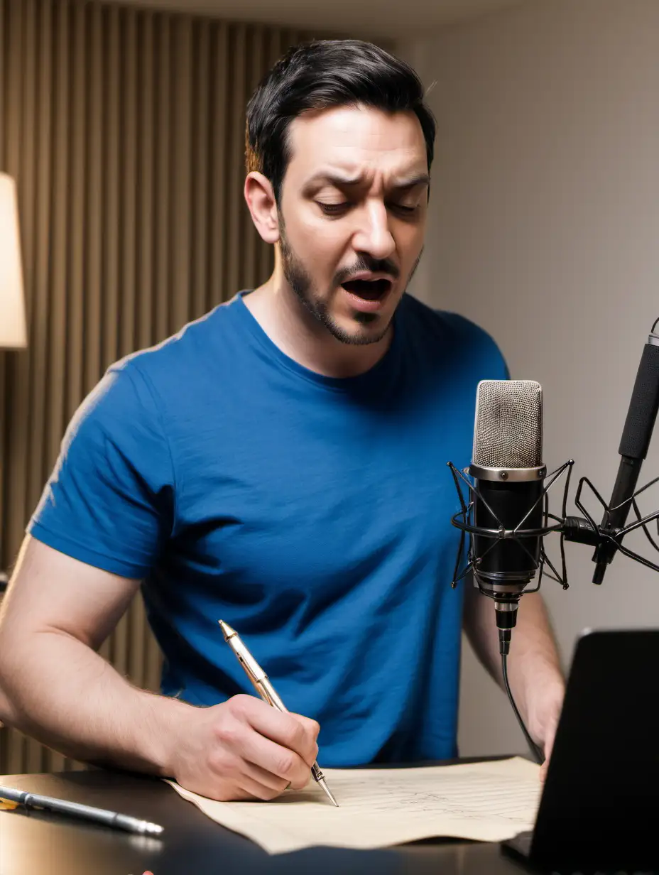 a professional voice artist recording a script in a home recording studio. the artist is a man  in his 30s. He's wearing a blue top and is standing in front of the microphone.  He is talking to the microphone and has a script laying in front of him on a desk. 