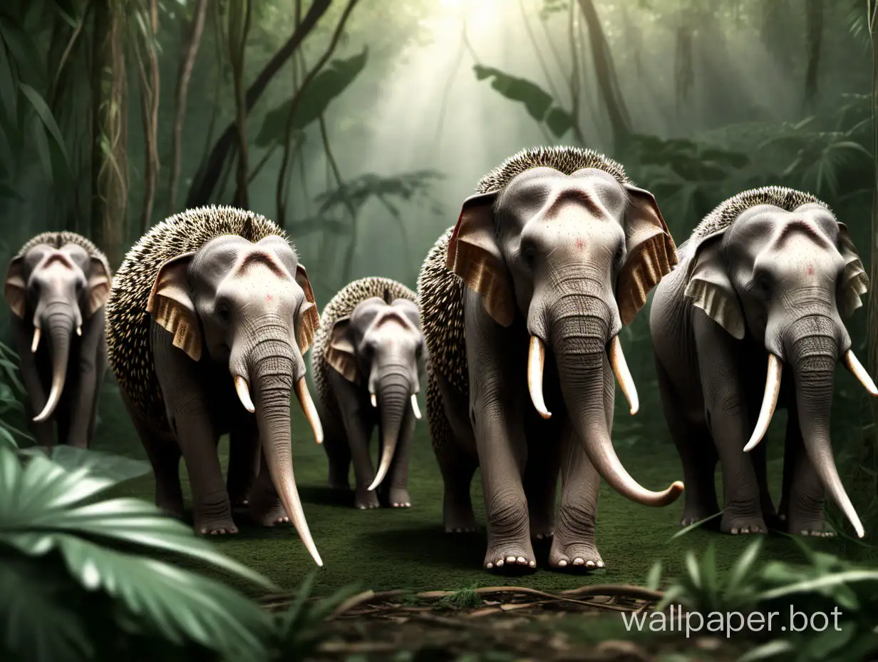 A herd of elephant-hedgehog hybrids with big tusks in the jungle.