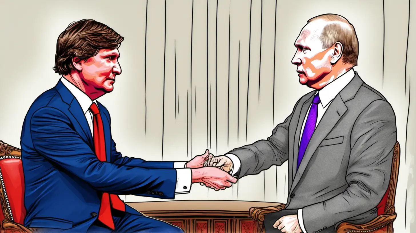 Putin manipulating Tucker Carlson with strings like a puppeteer.