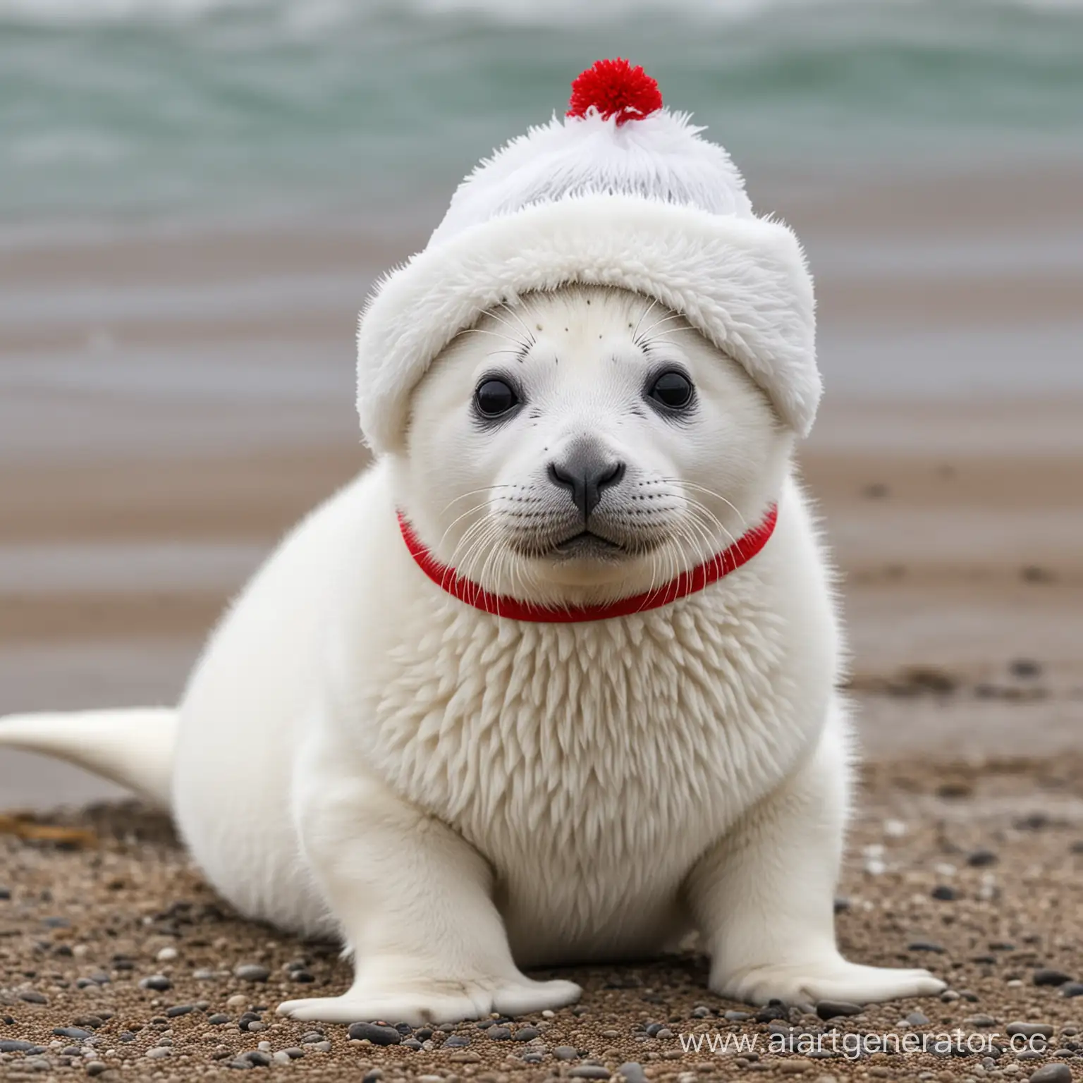Белый пушистый маленький детеныш тюленя, на голове красная косынка