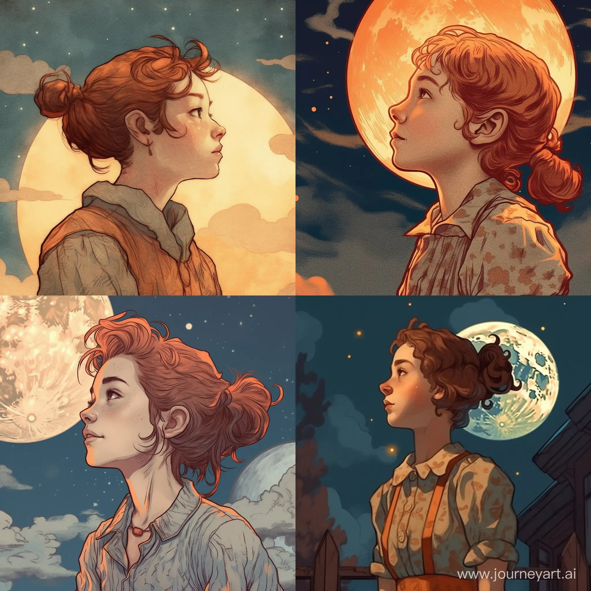 an illustration of a girl gazing at the moon, reminiscent of the style of Norman Rockwell, portraying a sense of wonder and nostalgia, with warm color tones and soft lighting, evoking a tranquil atmosphere. --v 5 --stylize 1000