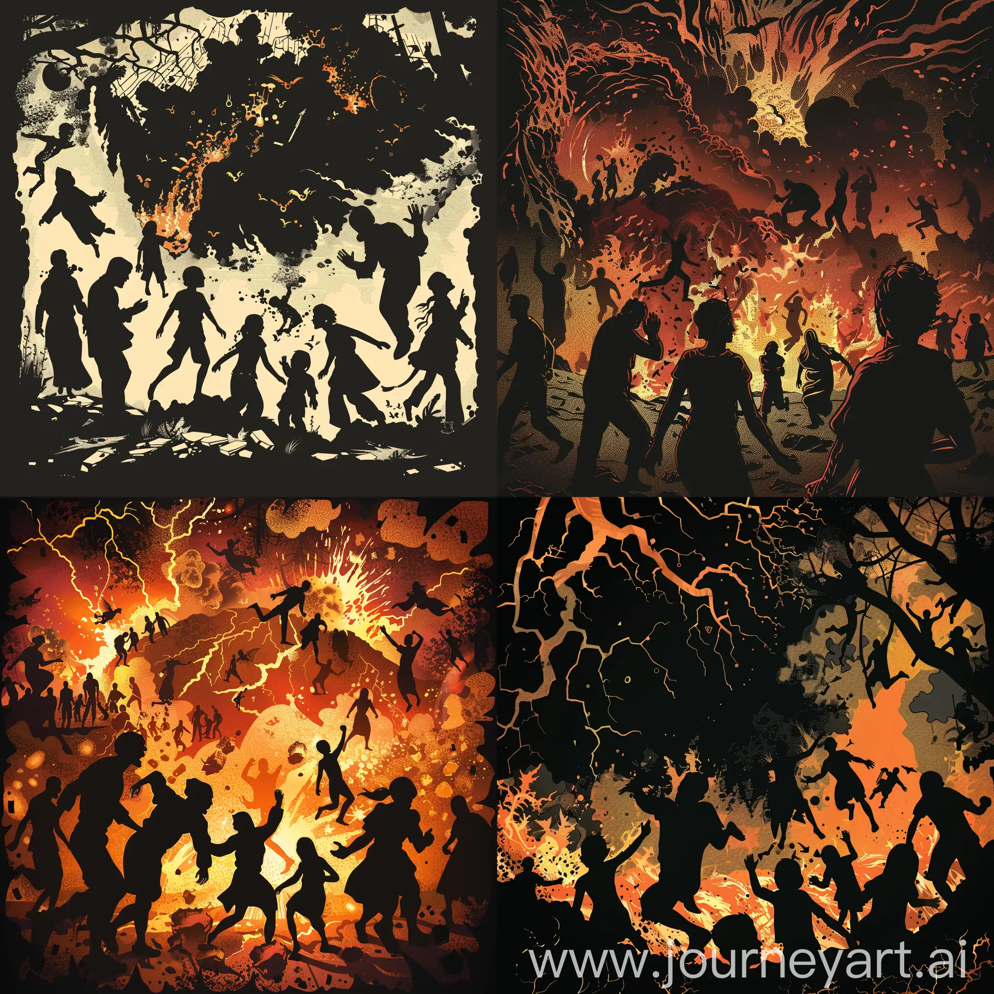 A silhouette scene of chaos and panic, with people fleeing in different directions, trying to escape the wrath of God. Some people are crying and praying, some are looking back in fear. The sky is dark . The earth is cracking and shaking, with fires and floods of molten fire erupting
