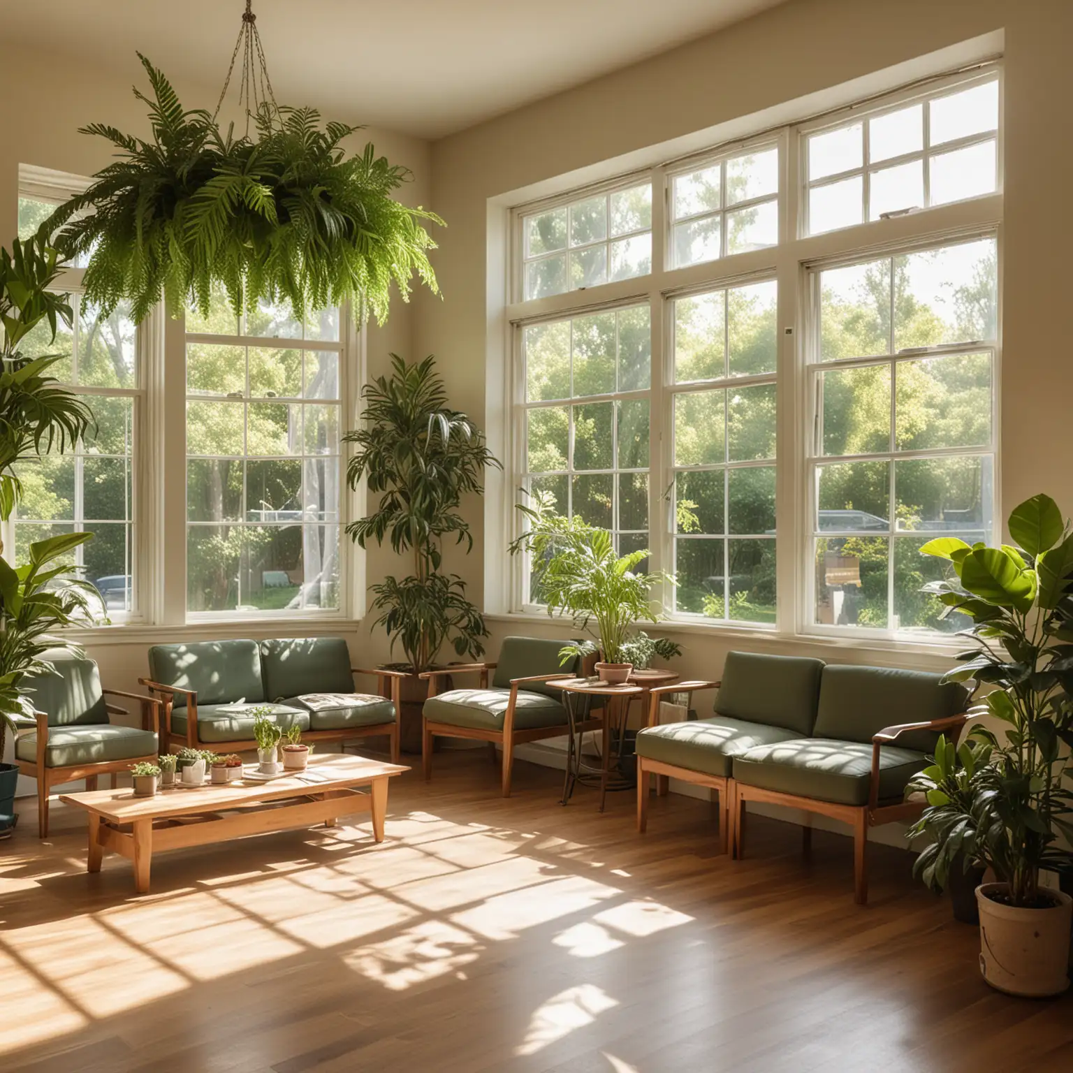 Generate an image of a vibrant teachers lounge bathed in bright sunlight streaming through large windows. The room is filled with lush greenery, with potted plants lining the windowsills and scattered throughout the space. The sunlight casts soft, dappled shadows on the comfortable seating areas and wooden floors. Teachers are seen lounging in cozy chairs, engaged in lively conversations or quietly grading papers. The atmosphere is relaxed and inviting, with the natural elements and sunlight creating a refreshing and rejuvenating ambiance. Capture the serenity and warmth of a teachers lounge filled with sunlight and surrounded by lush plants.