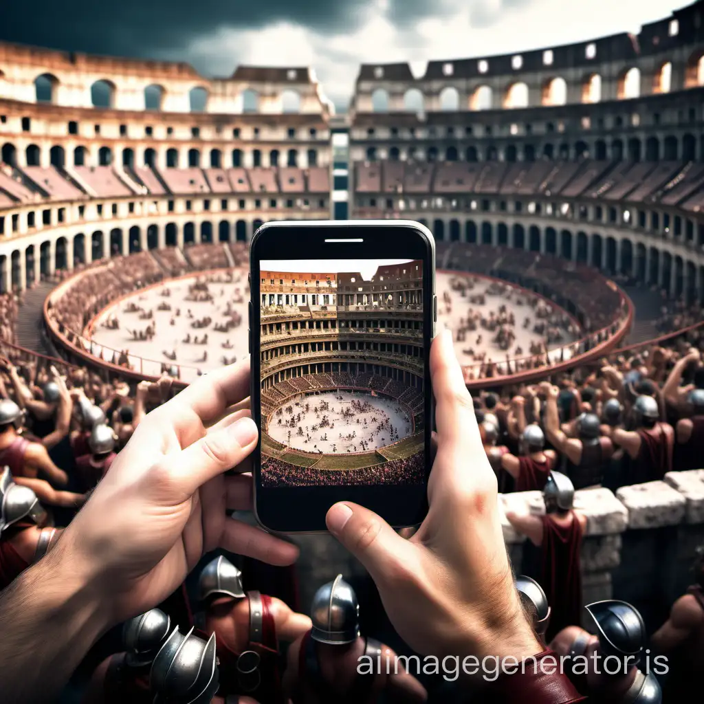 a crowd of people holding their phones with gladiator fights in the Roman Coliseum, hyper-detailed, in the style of ultra-realistic photos, Roman Empire, xmaspunk