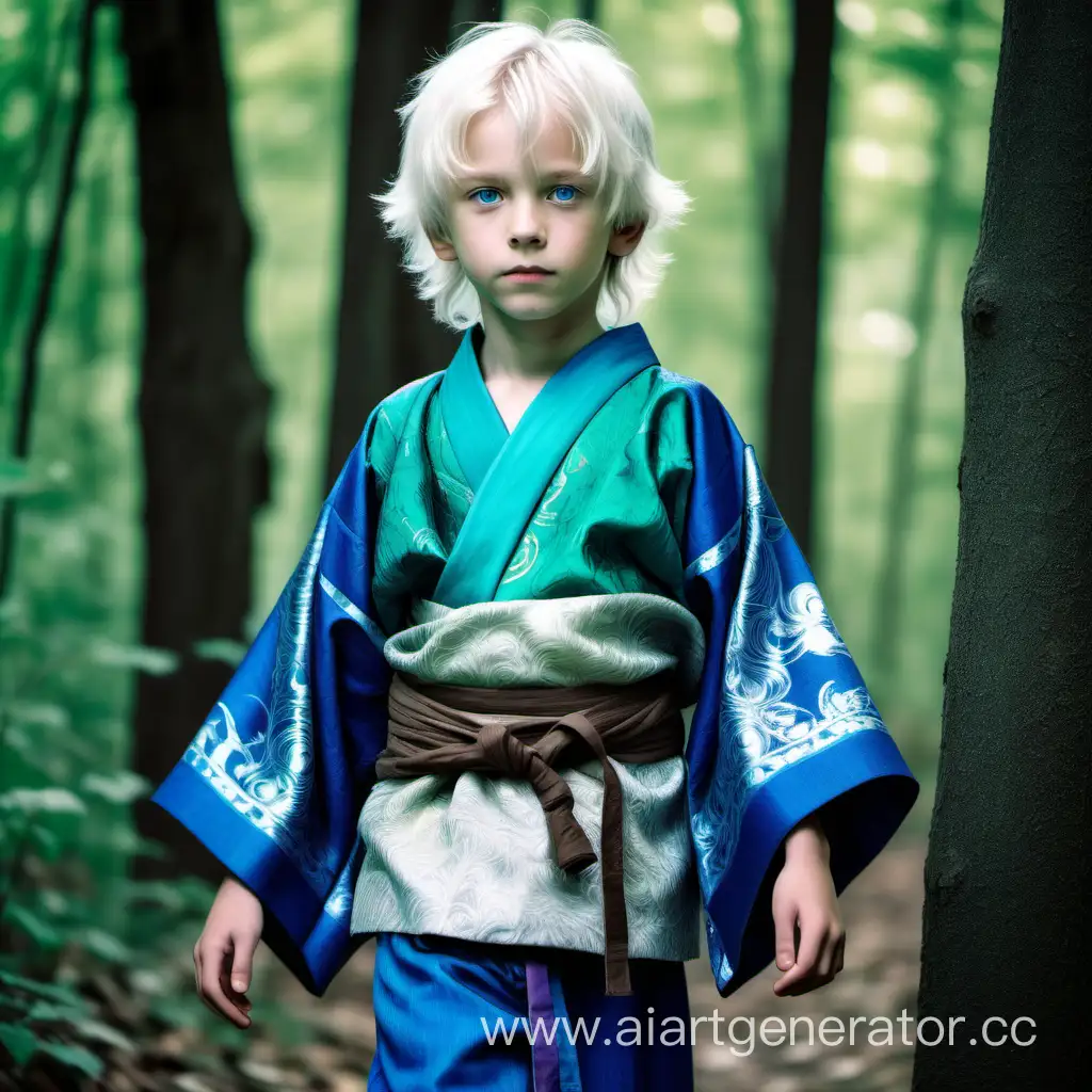 A 10-year-old cute boy with white shaggy hair and blue eyes,He's thin,he's stay in the woods, He is wearing a blue-green medieval kimono
