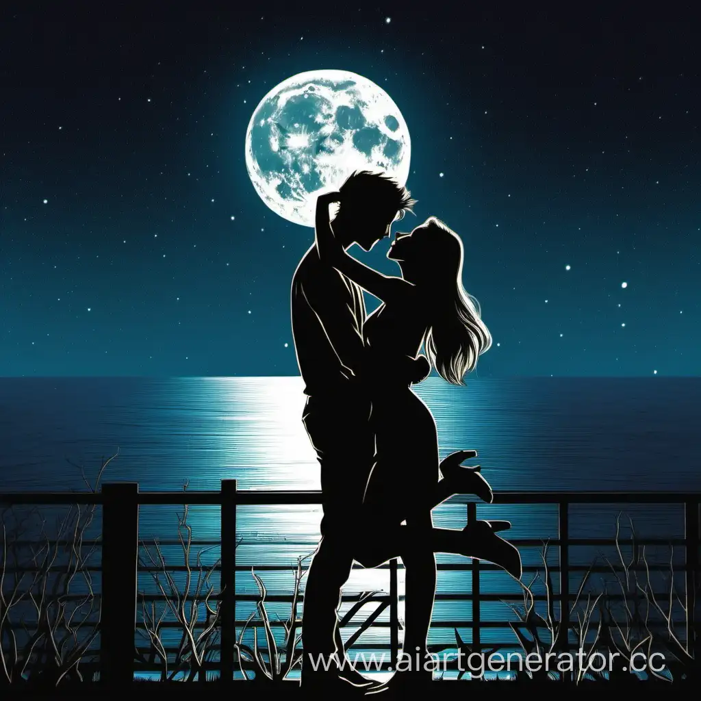 Молодой человек страстно целует девушку при свете луны