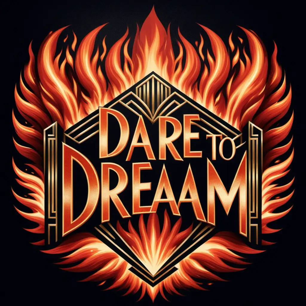 an elegant design inspired by Art Deco, infused with aggressive fire with the words "Dare to Dream" reminiscent of the roaring sixties. --v 4