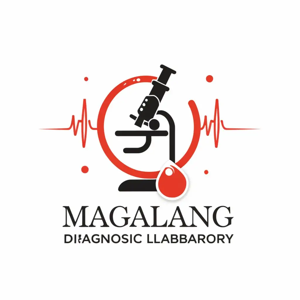 a logo design,with the text "Magalang Diagnostic Laboratory", main symbol:Microscope, heart beat, blood and other medtech related,Minimalistic,clear background