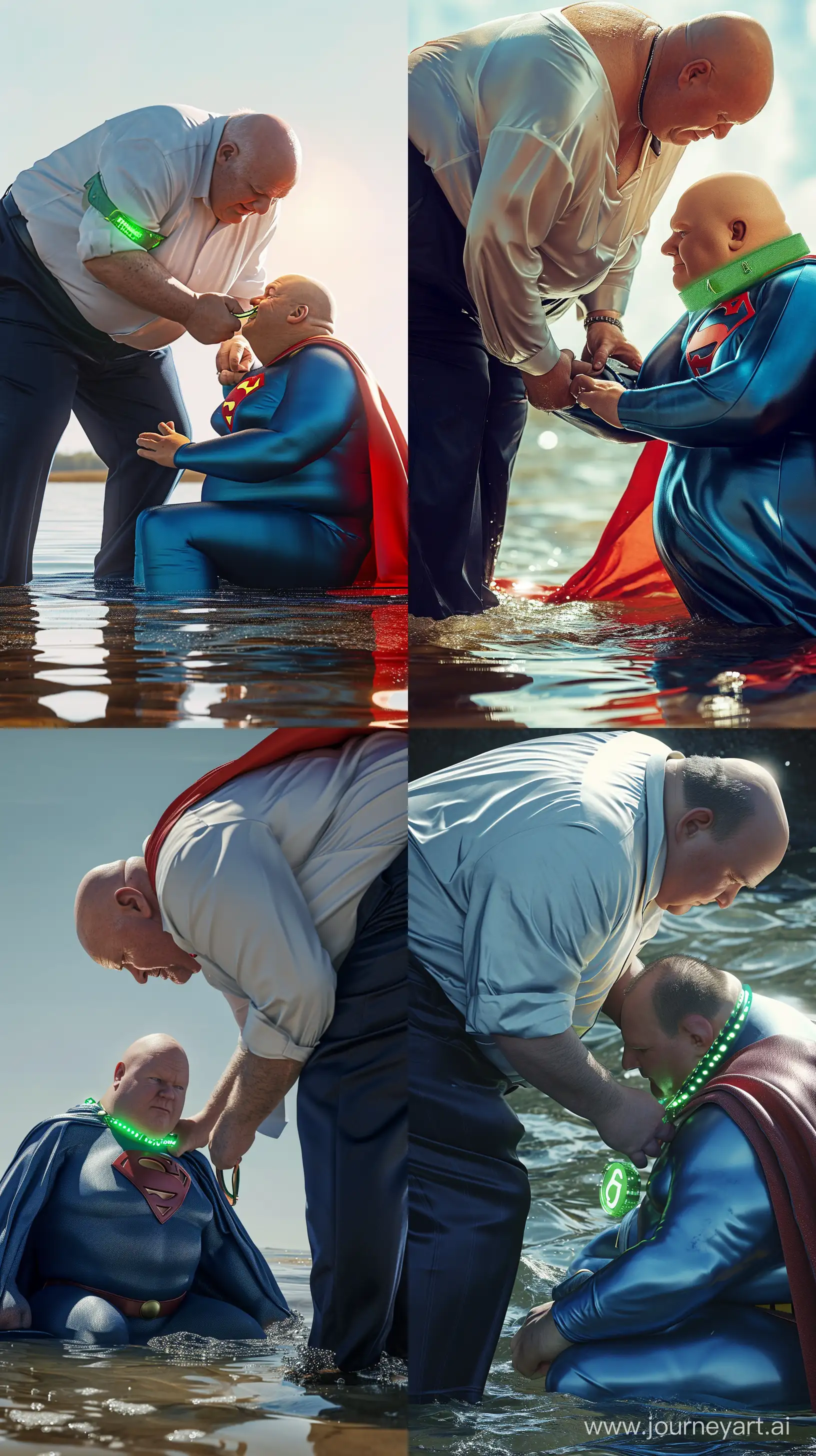 Realistic fashion close-up photo of a chubby man aged 60 wearing silky navy business pants and a white shirt, bending over and tightening a green glowing small short dog collar on the neck of another chubby man aged 60 sitting in the water and wearing a silky blue superman costume with a large red cape. Outside. Bald. Clean Shaven. --style raw --ar 9:16 --v 6