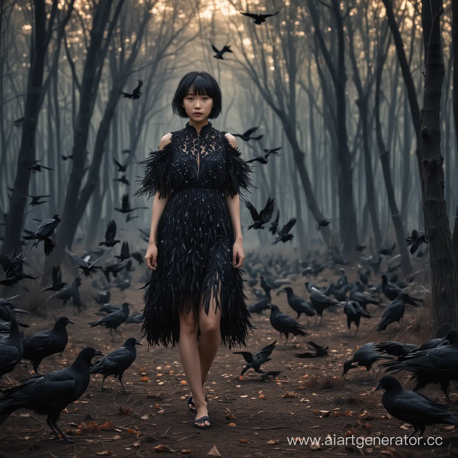 Enigmatic-Asian-Girl-in-Black-Feather-Dress-Surrounded-by-Crows-in-Twilight-Forest