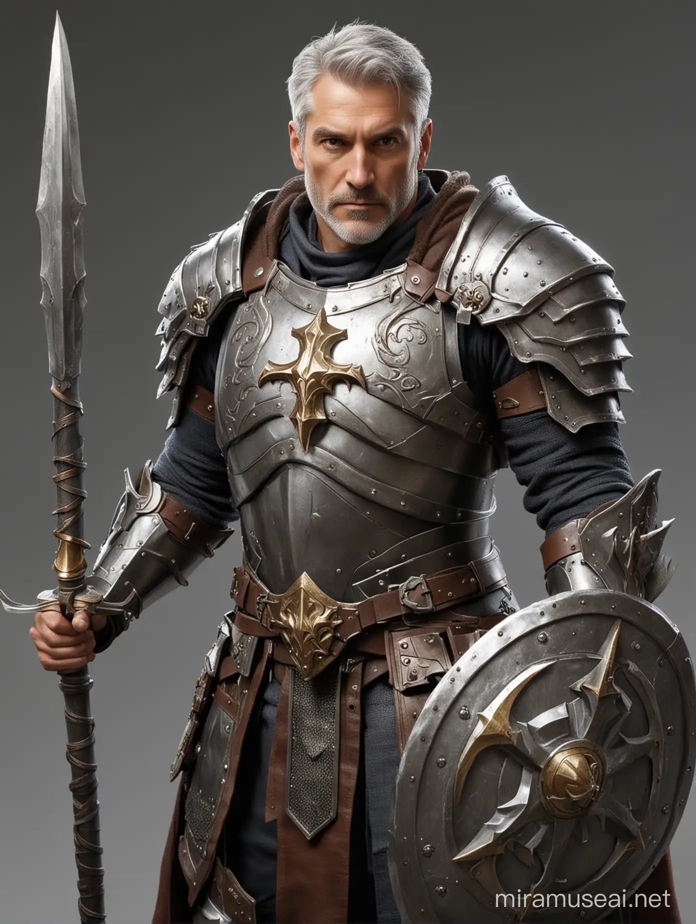 Human paladin, 50 years old man, partially grey hair, heavy armor, holding halberd and shield