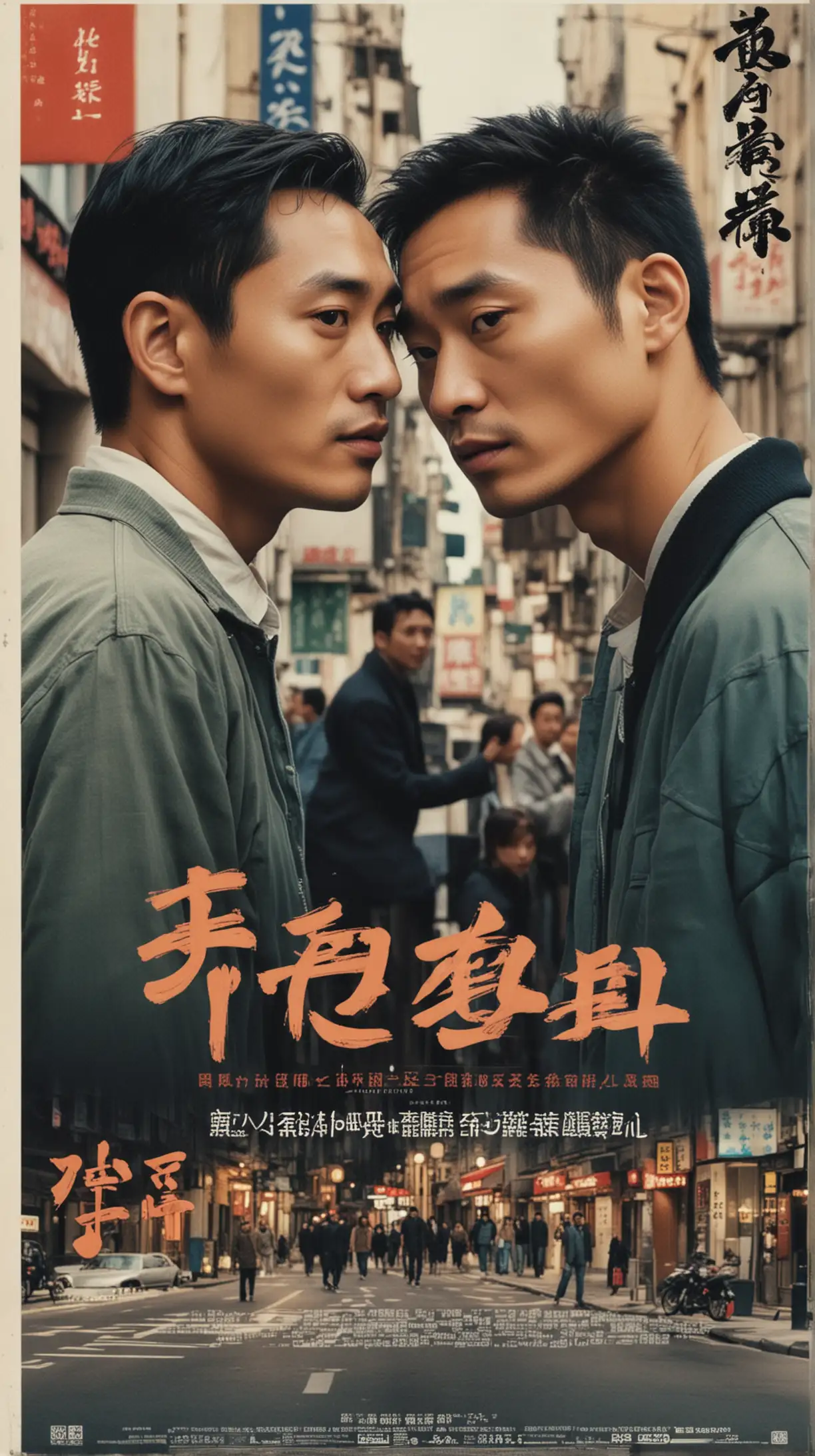 这是一个具有现代感电影风格的海报，爱情故事，故事发生在欧洲街头，主角是两名中国男人久别重逢, 其中一名有着张国荣的气质。