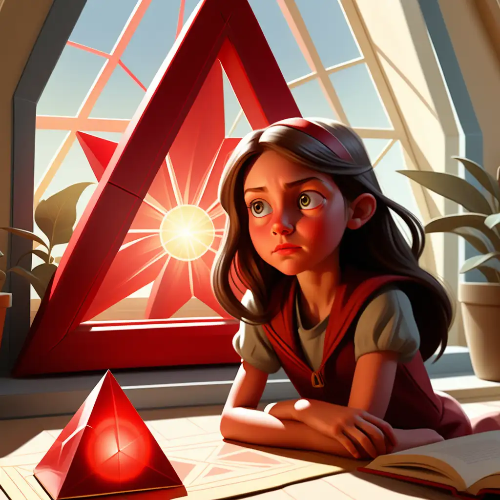 Joslyn Arwen Reed LookAlike Enjoys Sunny Room with Red Tetrahedron and Childrens Story Book