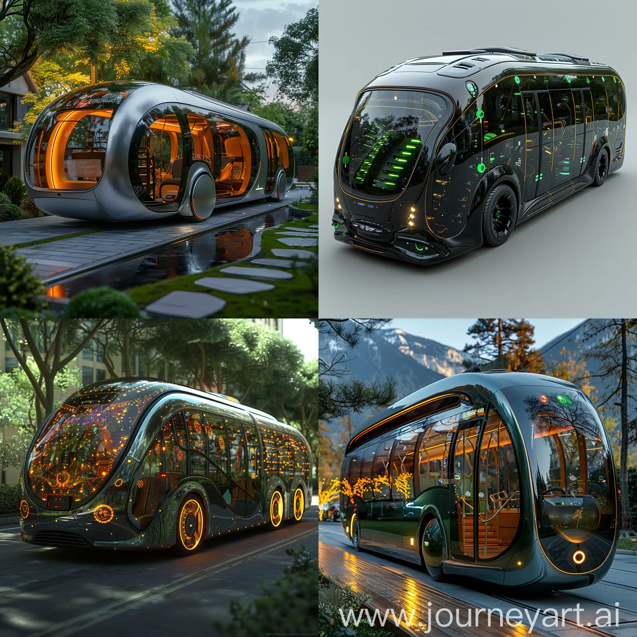 Futuristic bus, Electric Propulsion, Solar Panels, Regenerative Braking, Green Roof, Recycled Materials, Energy-Efficient LED Lighting, Smart HVAC System, Automatic Shut-Off Systems, Hybrid Technology, Real-Time Monitoring, Self-Healing Materials, Nanocoatings, Nanosensors, Nanoparticles in Tires, Nanofiltration System, Nanocomposites, Nanotech-Based Batteries, Nanorobots for Maintenance, Nanoparticles for Air Purification, Nanotechnology-Enhanced Insulation, octane render --stylize 1000
