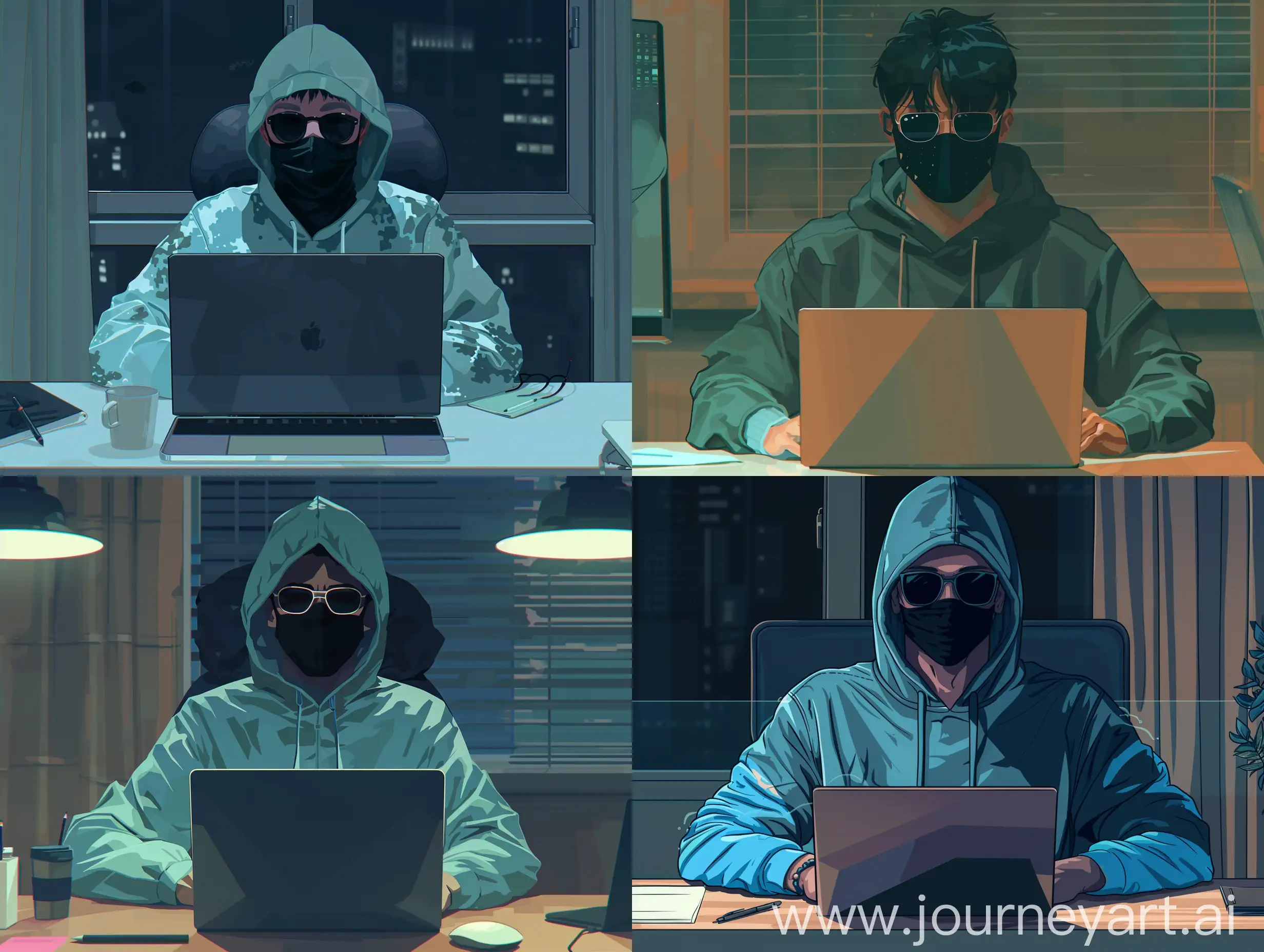 ANIME FRIENDLY LOOKING MALE BUSINESS CHARACTER WHO IS WEARING A BLACK FACE MASK, A Aqua HOODIE AND SUNGLASSES. HE IS SITTING BEHIND HIS LAPTOP IN HIS OFFICE, ARMS ON HIS DESK. IT IS NIGHT. THE ROOM HAS VOLUMETRICLIGHTING. HE IS FRONT FACING TO THE CAMERA, LOOKING STRAICHT AND CENTERED, CENTRAL PORTRAIT, SITTING STRAIGHT, FRONT VIEW, CENTERED LOOKING STRAIGHT. THE OVERALL AMBIANCE OF THE IMAGE SHOULD CONVEY A CONNECTION TO MINIMALISM, FLAT ILLUSTRATION, BOLD LINE, MINIMALISM, SIMPLIFIED, GOUACHE ILLUSTRATION. 8K RESOLUTION