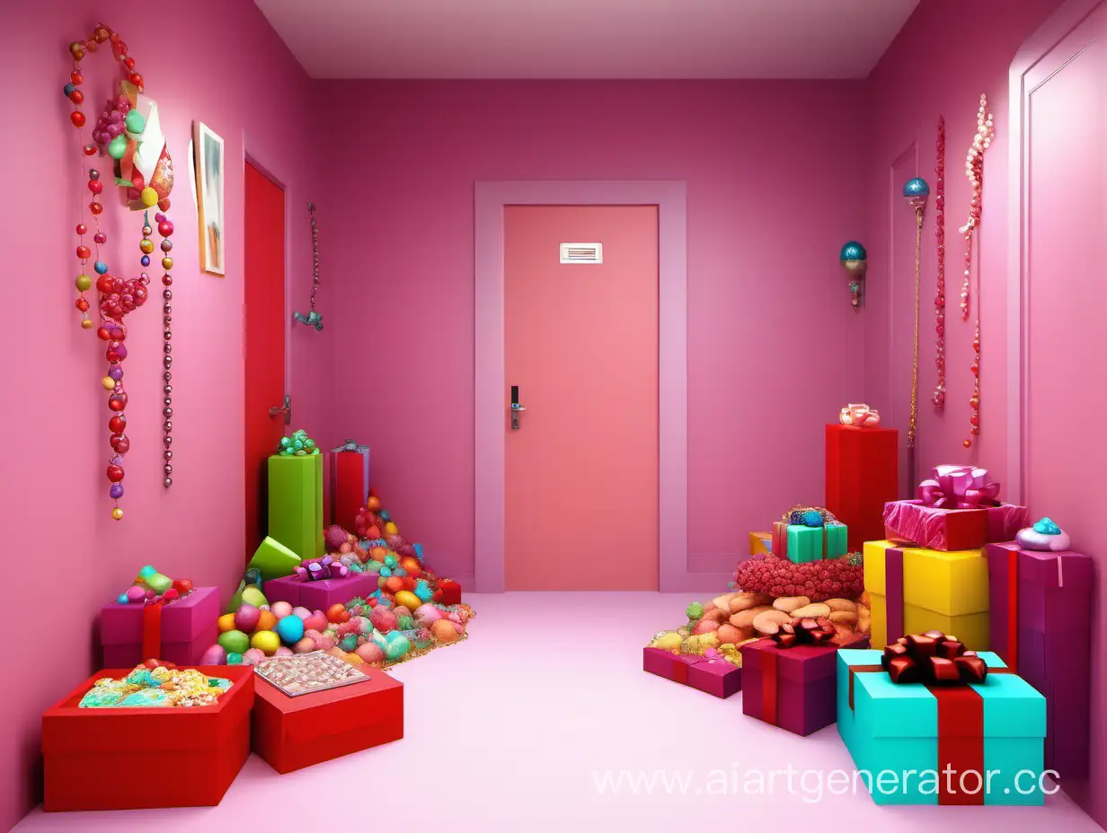 В коридоре находится дверь, из двери вываливается гора красочных объёмных 3д предметов разного размера: подарочные коробки, ягоды, десерты, драгоценности