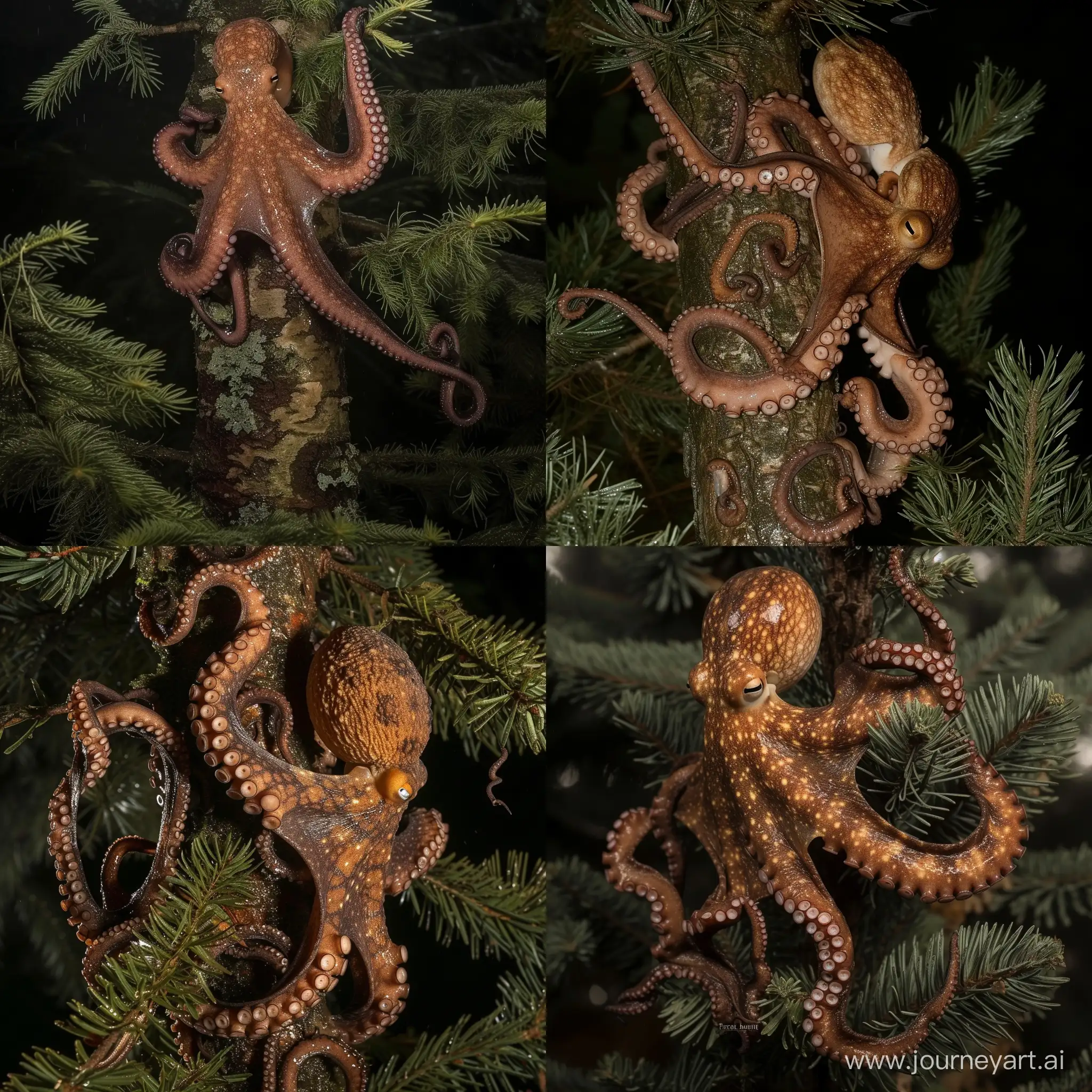 award winning wildlife photo of an wet mottled brown octopus climbing up think pine tree, tentacles wrapped around the branches, body pressed against the tree, temperate pine rainforest, flash photography, telephoto lens, canon camera, extreme wide shot, shot from ground level looking up, Frans Lanting, nature documentary