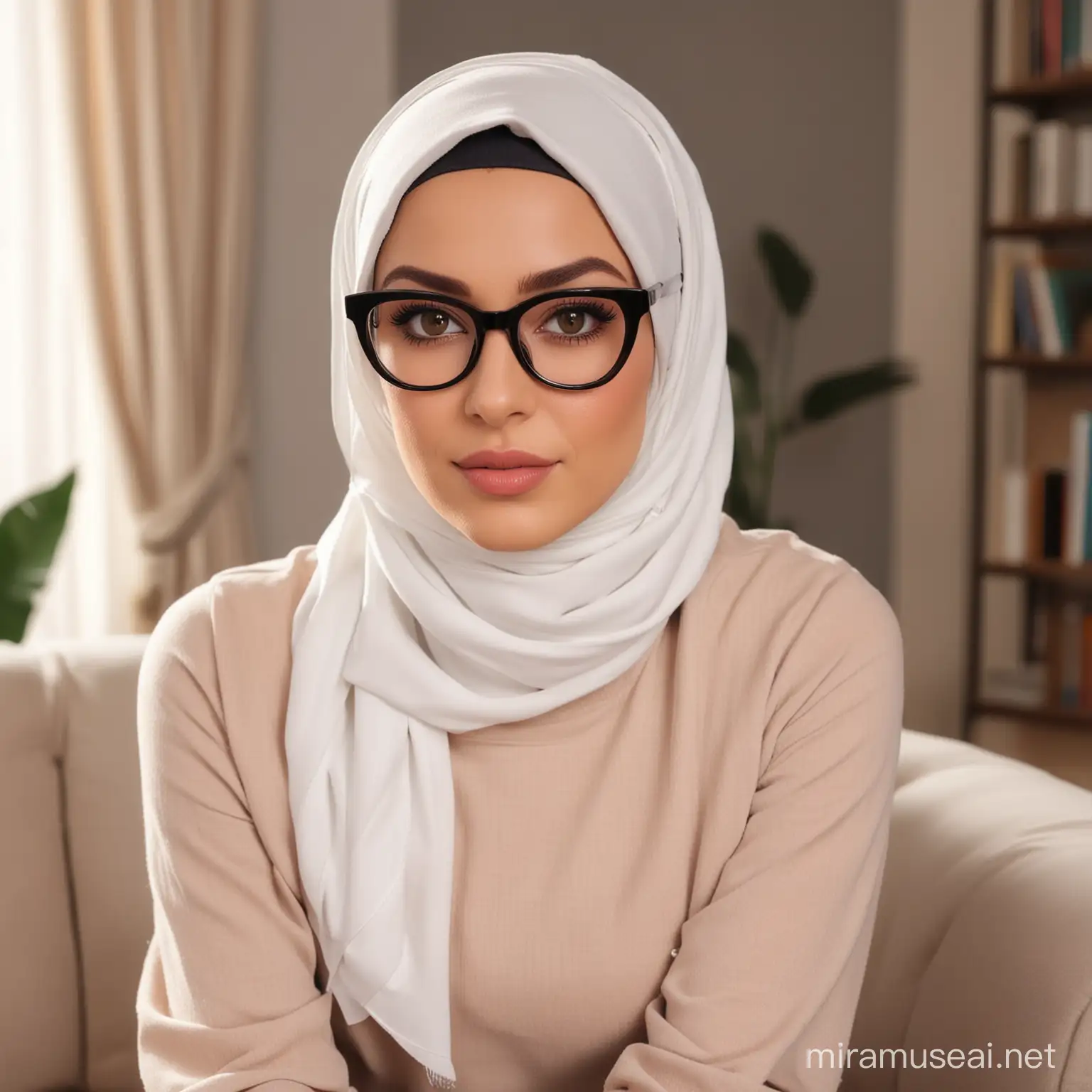 Create a female, fair skin, wearing a trendy stylist hijab, wearing a cat eye spectacle, light make up, presenter, face and eyes facing the camera, she's sitting on a sofa, in a nice living room background, high quality, 4k resolution.