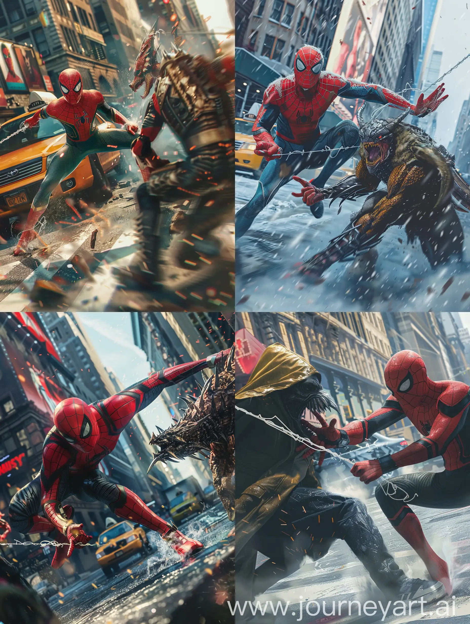Spider-Man fighting kraven the hunter in SCI FI battle in New York street. (8K) ((ULTRA DETAILED))
