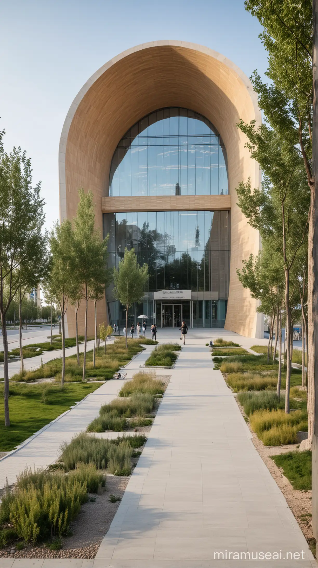 A wide pedestrian path with a landscape design that leads to a modern media center building with an entrance that has arch. The building is 24 meter tall and it is in Kazakhstan . there are people walking towards the building . the entrance of building it is inspired by saxophone and it has the same material as the saxophone .there are trees.