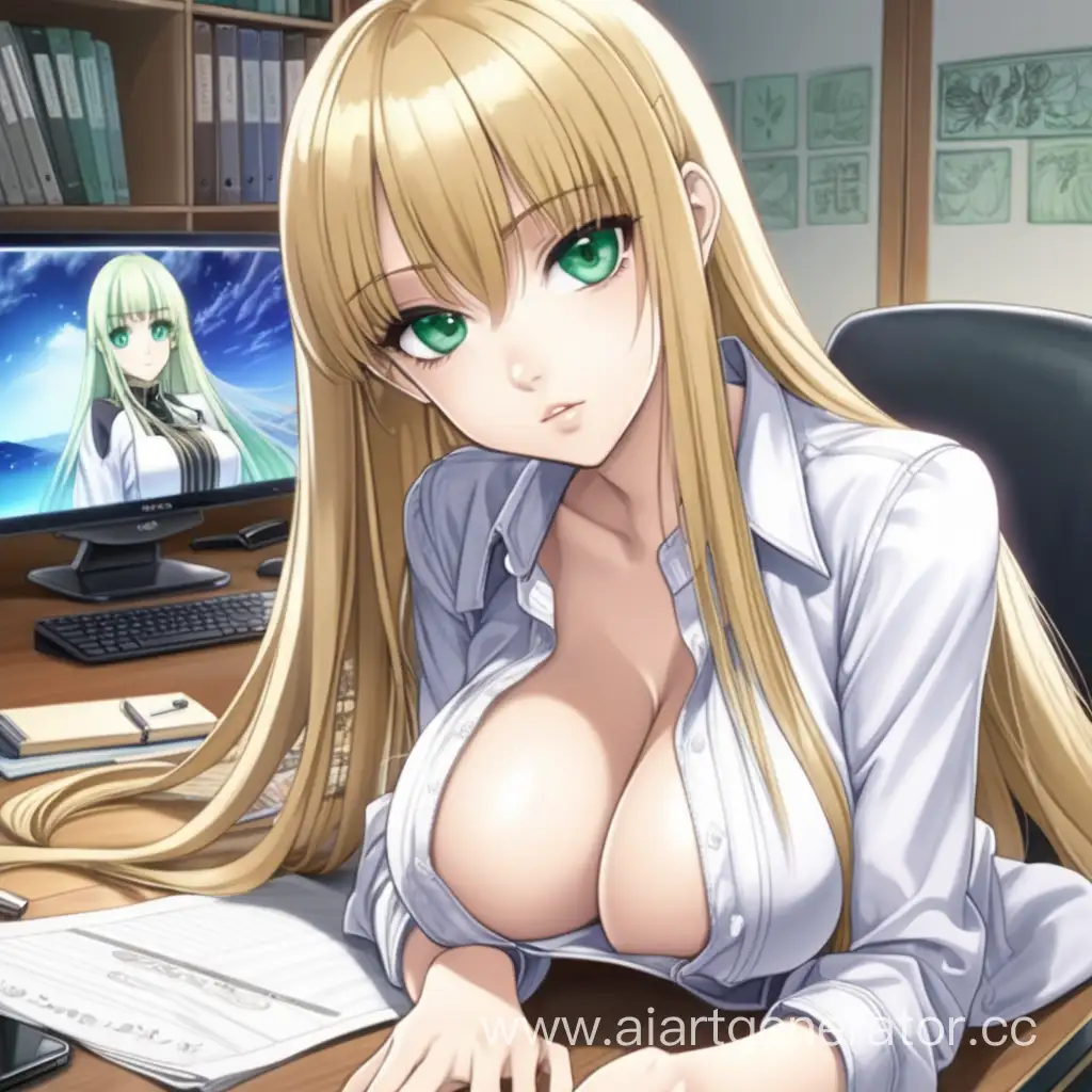 girl, big breasts, big green eyes, long blonde straight hair with straight bangs, she is wearing seductive clothes, they are lying on the desk, anime style