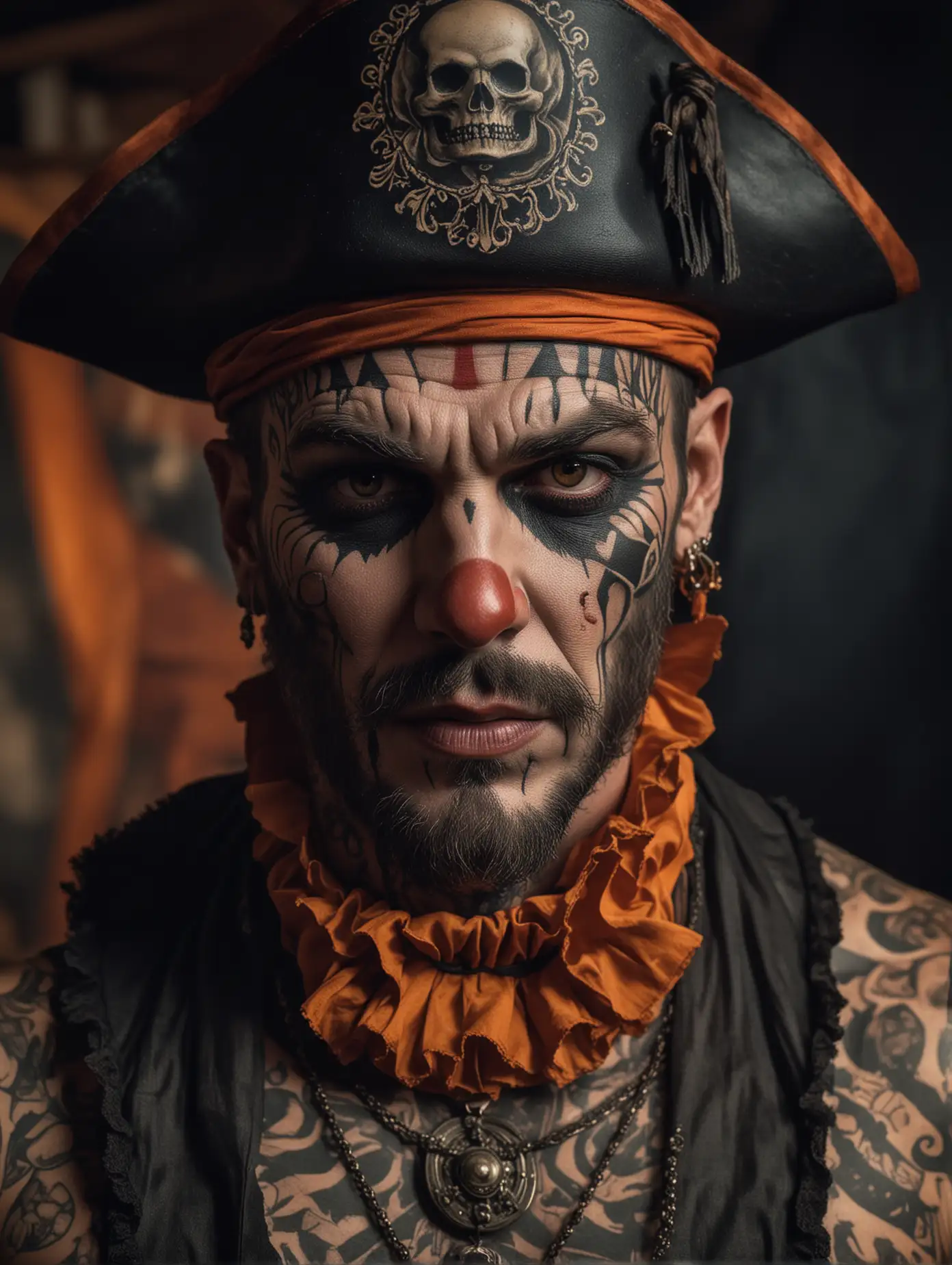 close up upper body portrait, highly detailed, sinister, macabre, circus clown, in the style of a 1960's horror movie, eerie symbolism, sinister dark atmosphere, black and orange palette, close up portraiture, well built male, wearing a pirate themed outfit, pirate hat, covered in tattoos, inside a circus tent, nature-inspired pieces, circus costumes, ultra details