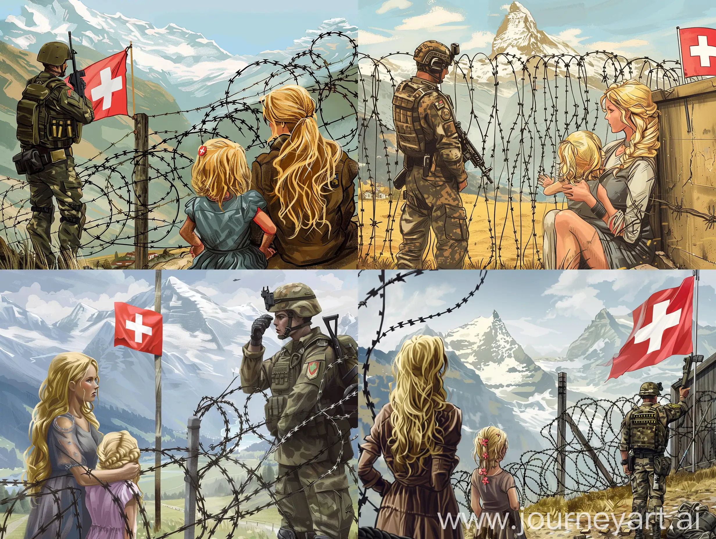 Draw me a picture of illegal immigration of a beautiful lady and her daughter with blonde hair at the border of Switzerland with a soldier standing with a gun on their head next to the barbed wire fence with the Swiss flag.