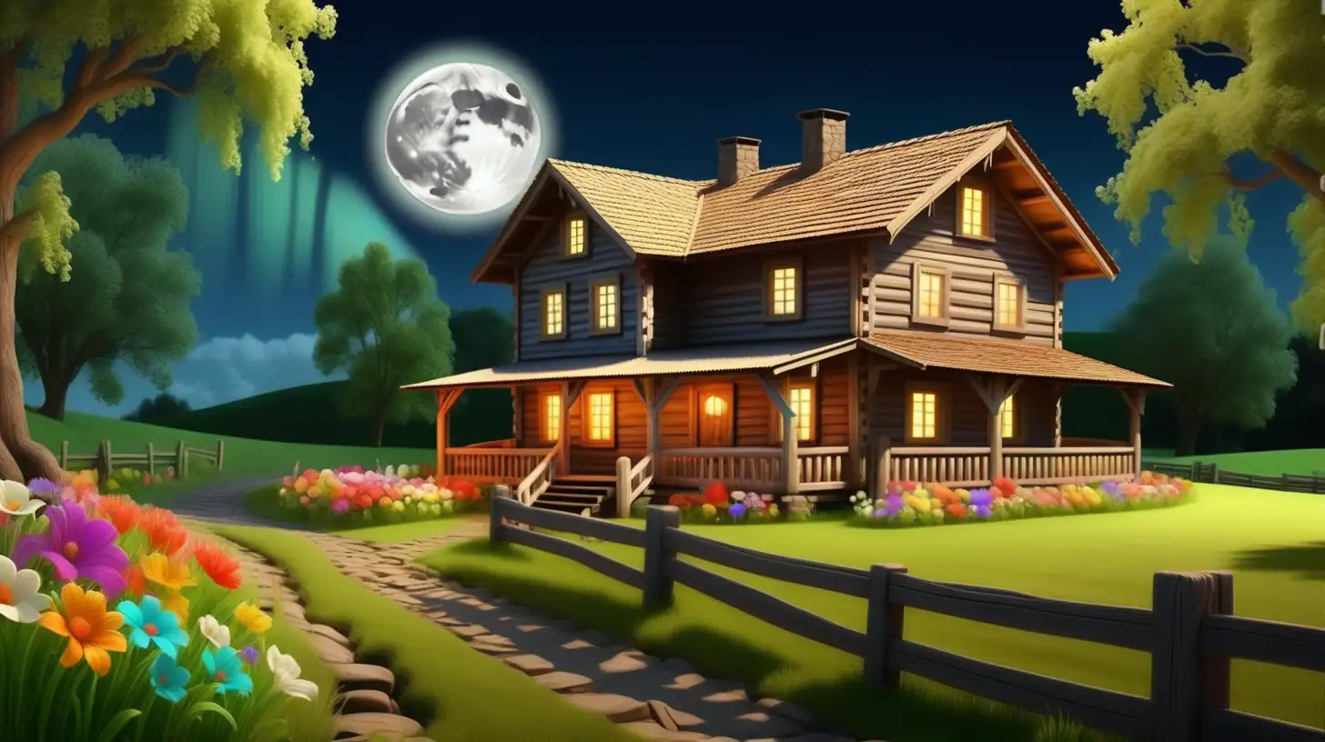 O casa veche de lemn, noapte cu o luna plina, gard de lemn pe un drum de tara, iarba verde cu multe flori colorate, lumina la geamuri, o cascada pe fundal, lemne aranjate pentru un foc pe iarba, cerul albastru


