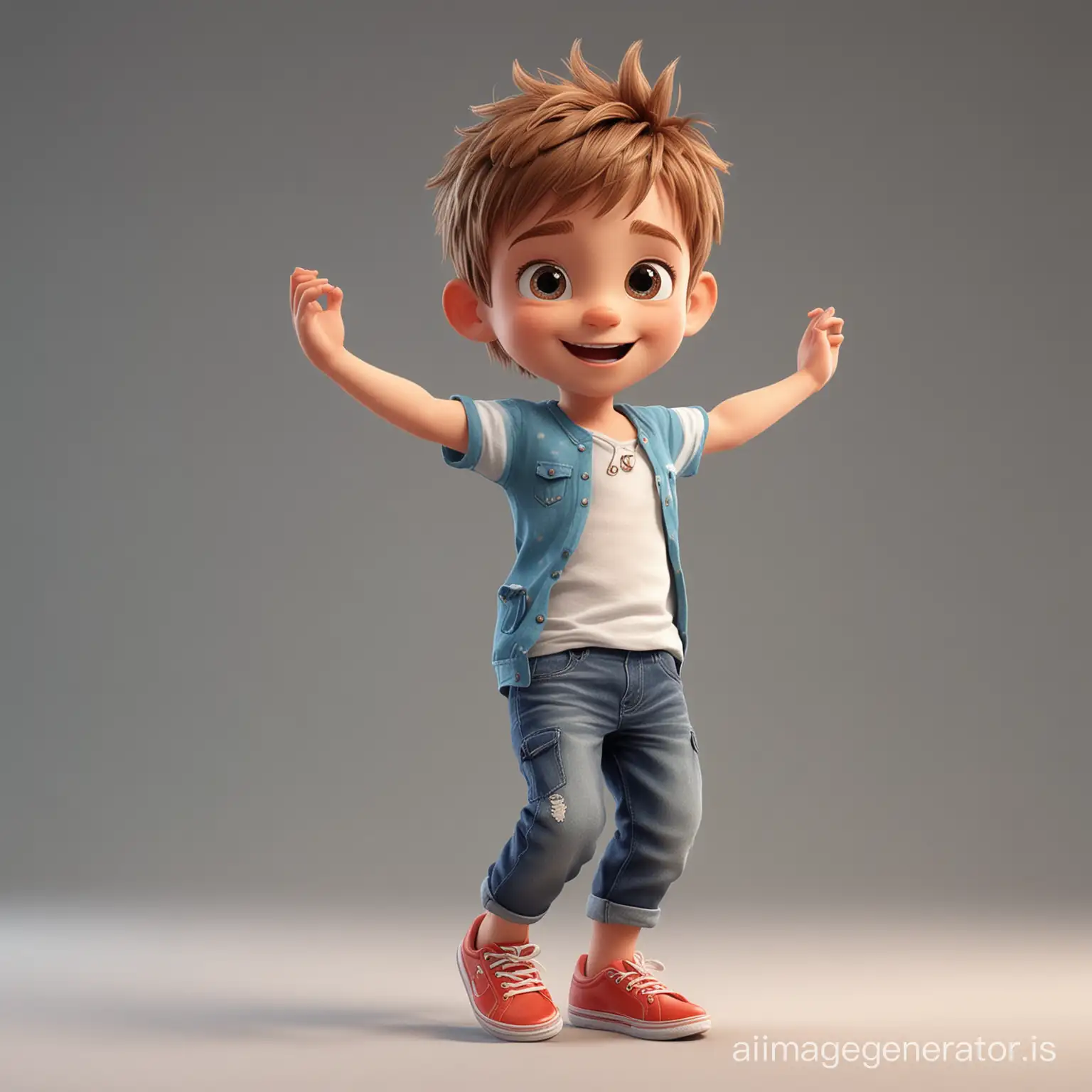 Little cute and sweet boy (full body), soft features in summer clothing, cute very sweet outfit, dancing excited and happy, animated 3d, story illustration, bright, ultra hd, 64K, bright, perfect prominent features, Dalle 3, 10:16 ratio