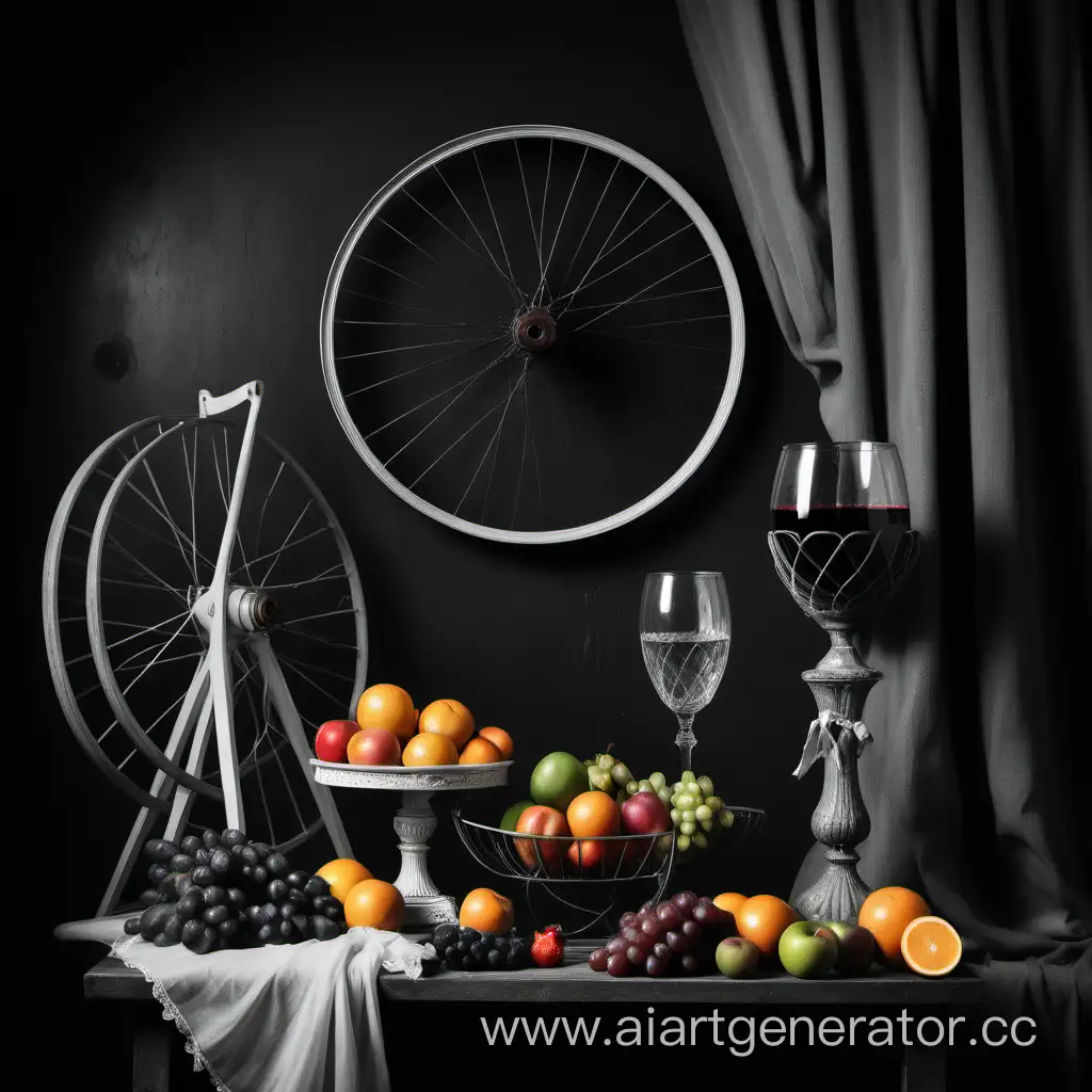 Photo-still life with several fresh fruits in vases with one glass  with wine, against the background of a large bicycle wheel and drapery  and women's gloves and corset hangs on it. In the style of old Dutch masters. In a dark grey old studio. One omni light source. In style of IRVIN PENN black and white photos.
