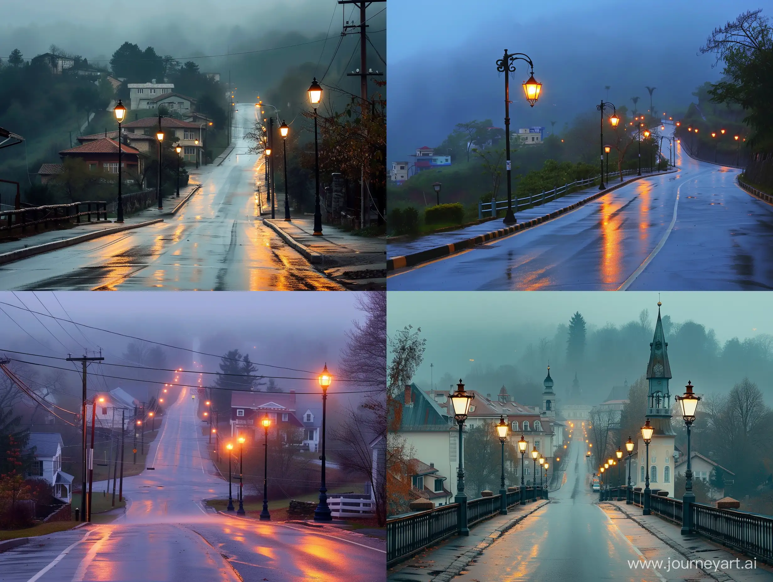 town, early morning, road, rain, street lamps

