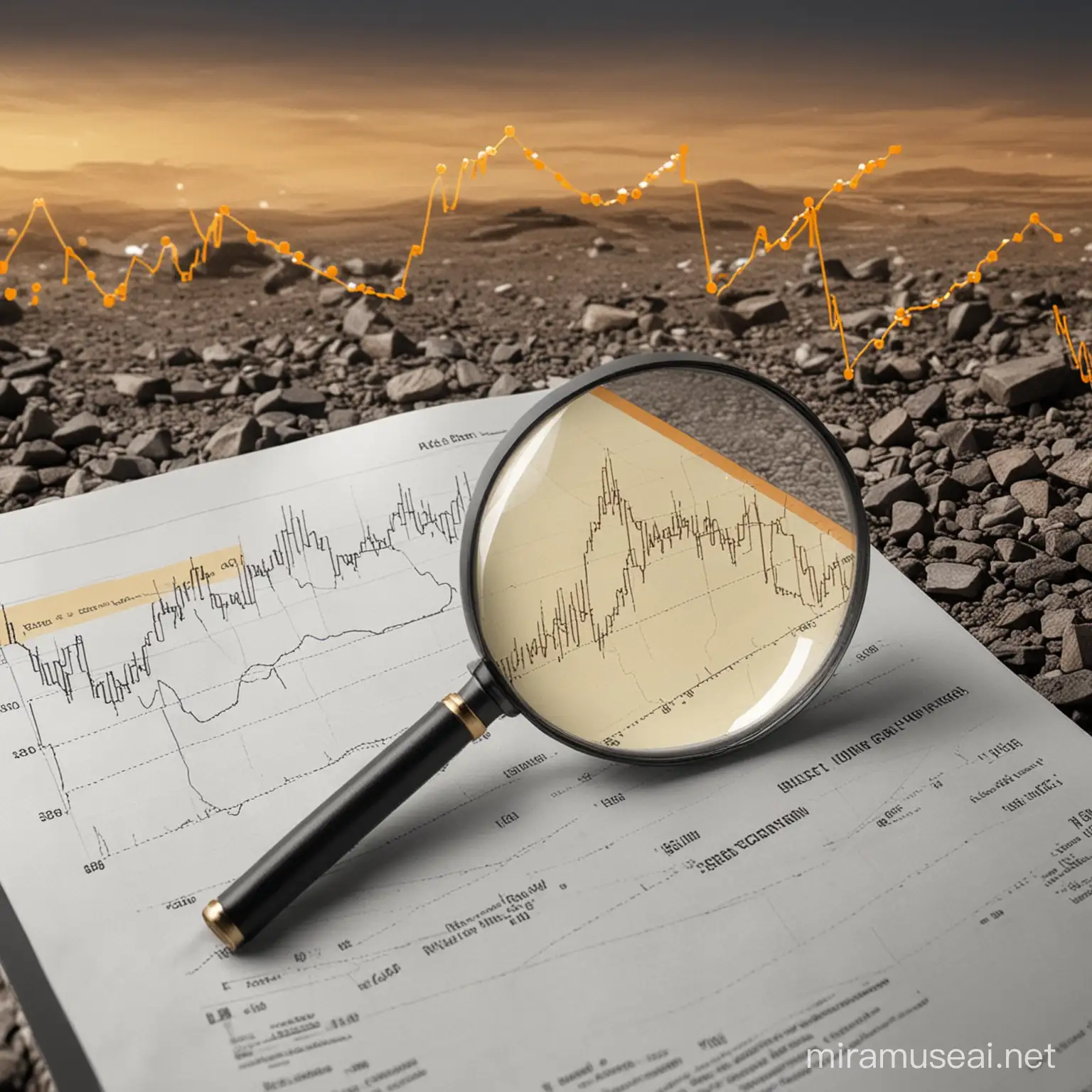 Create a professional and engaging thumbnail image of a simplified upward stock trend line with a magnifying glass focusing on a breakout point, with a clean and modern aesthetic. Incorporate a minimal color palette that matches ProInvestor.no branding (among other yellow/orange to signal success). The background should be clean with few distractions, and the design should be appropriate for a finance and investment context. It must be appealing, This should be used for a thumbnail to an article of the analysis of the day where the stock is Rana Gruber AS (norwegian mining stock)