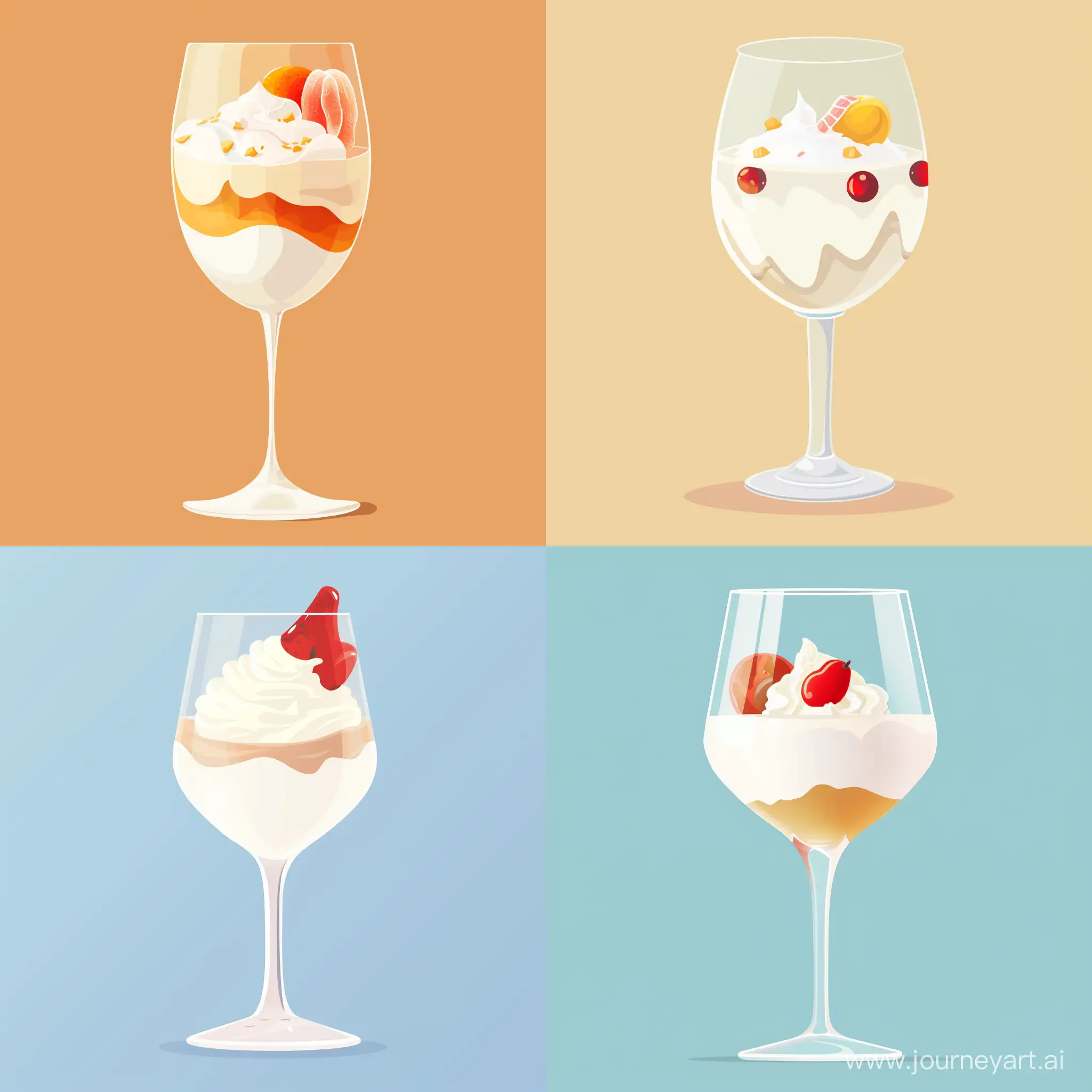 Close up of a wine glass of milk inside with whipped cream on it and a candied fruit, in flat style