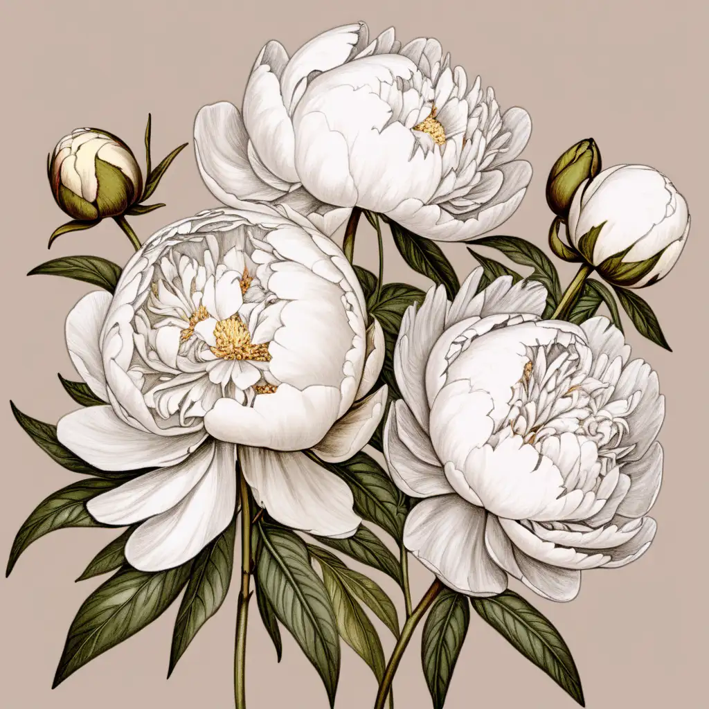 Exquisite White Peonies in Vibrant Colored Drawing