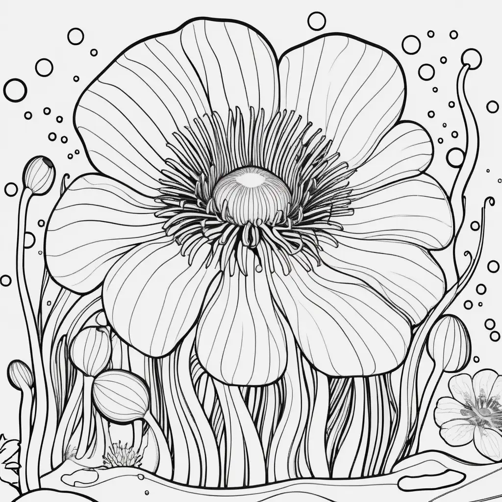 Coloring Page Underwater Scene with a Water Anemone