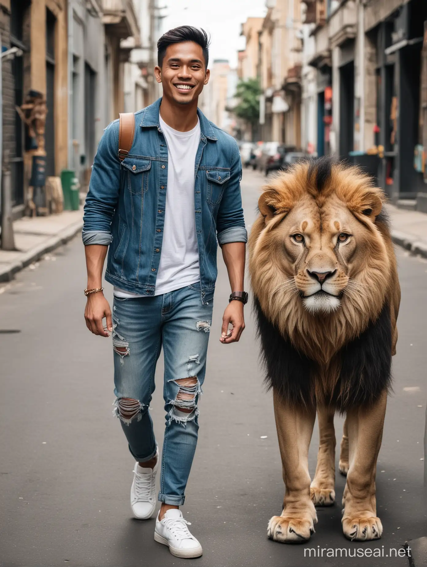 Stylish Indonesian Man Walking with Lion in Urban Setting