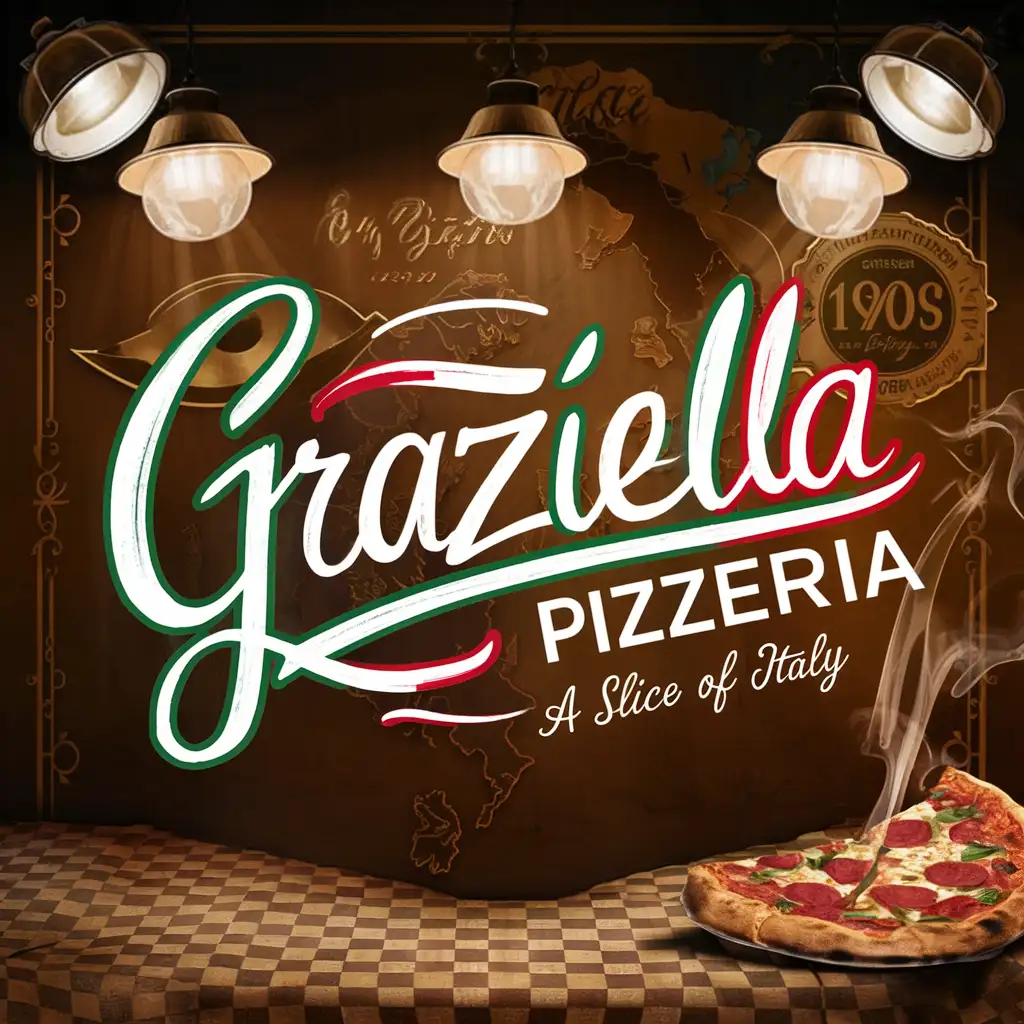 Handwriting Graziella Pizzeria Logo Authentic Italian Colors and 1920s Decor