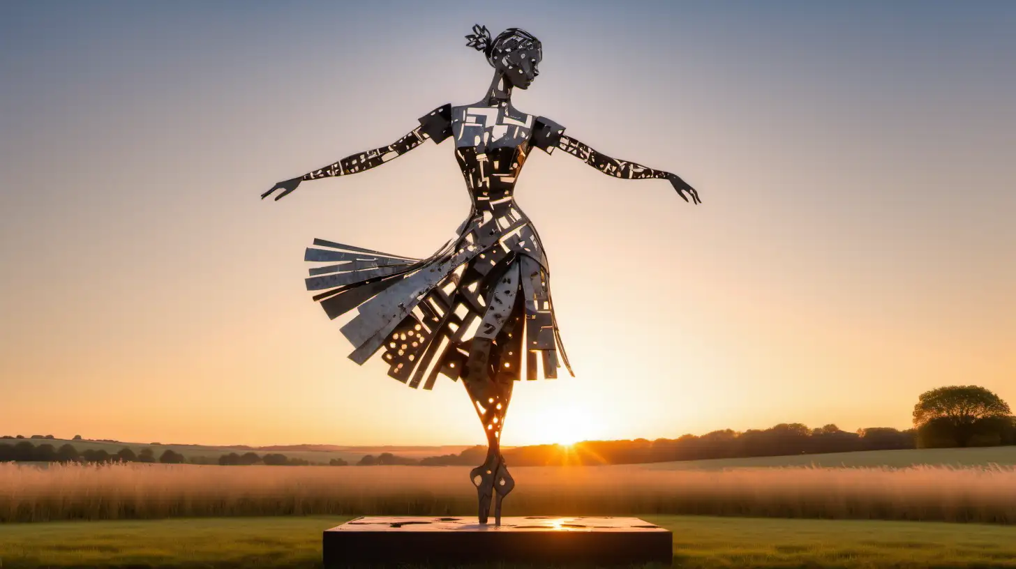 Metal Sculpture of Dancer in Sunset Field