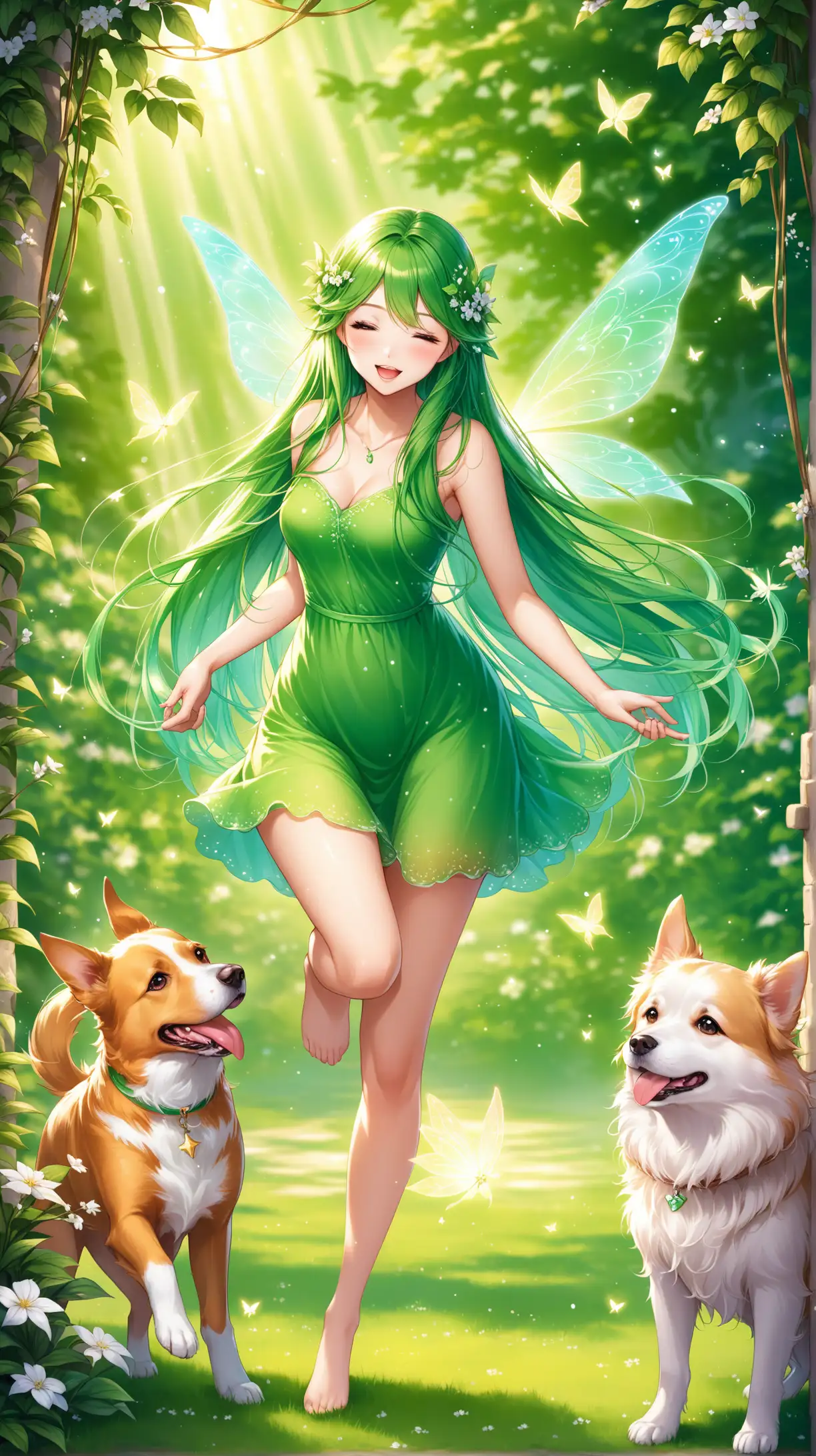 Enchanting Women with Green Hair Playing with a Fairy Dog