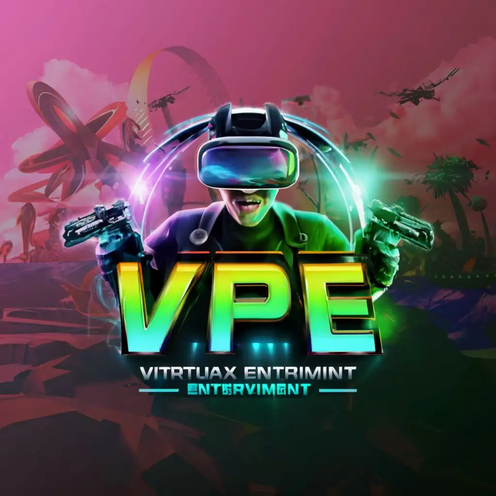 a logo design,with the text "VIRTUIX PARK ENTERTAINMENT. VPE", main symbol:gigantic virtual reality headset on, two rifles carrying his back, steering wheel in the background colourful realistic and vivid and images.,Moderate,be used in Construction industry,clear background
