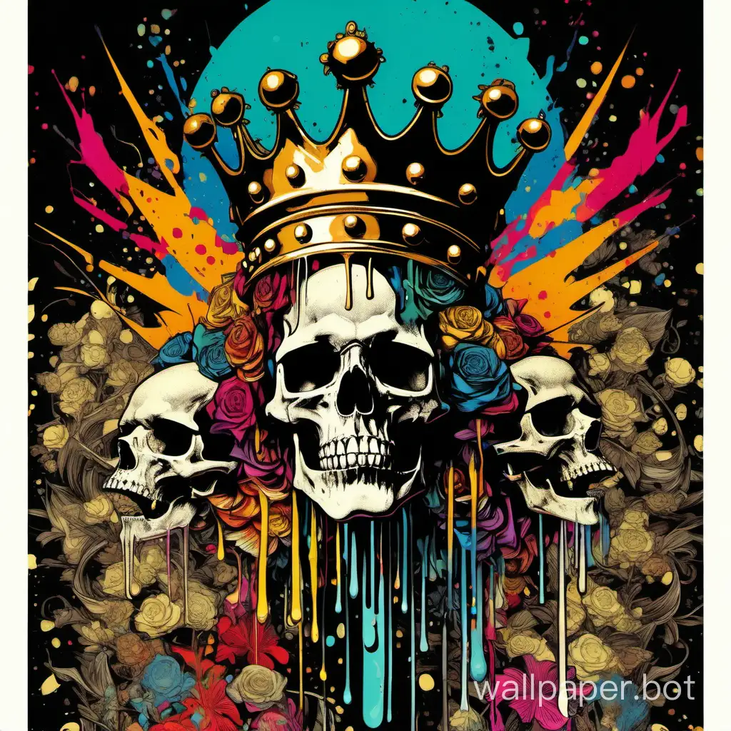 explosive skull wearing a drippin colorful crown, assimetrical, avant gard, explosive painting, alphonse mucha, william morris, hipercolored, highcontrast, hiperdetailed poster, dark, high contrast,