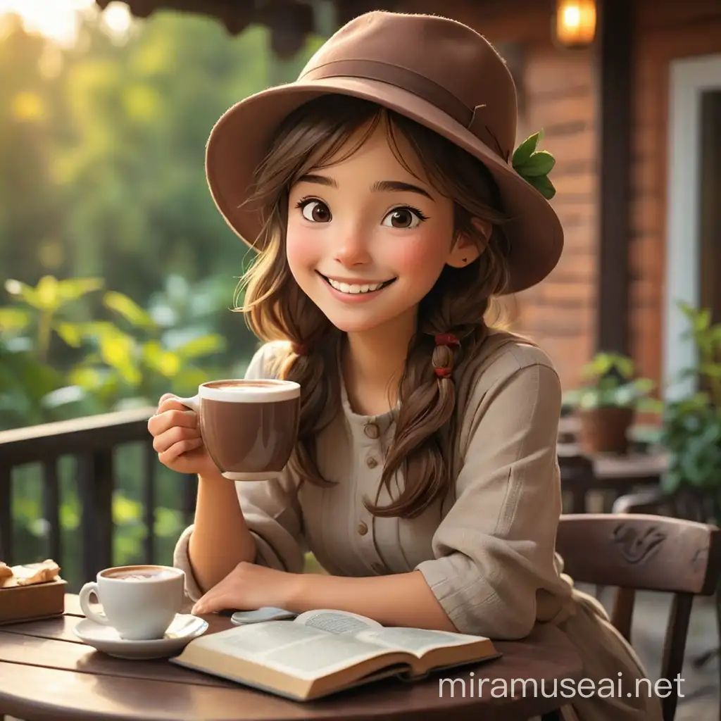 спокойная и умиротворенная обстановка. на картинке представлена терраса. сидит улыбчивая девушка с шляпой на голове. пьет какао. на столе лежит книга.