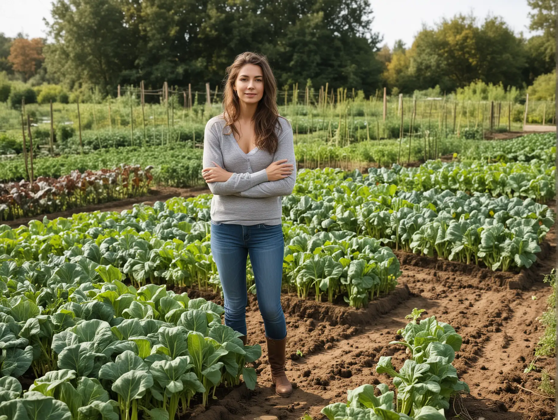 Woman Standing in a Lush Vegetable Garden