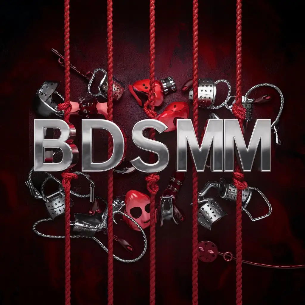 надпись BDSMM серебрянными буквами, а вокруг красные свисающие веревки шибари и сексуальные акссесуары, томный красный или черный фон