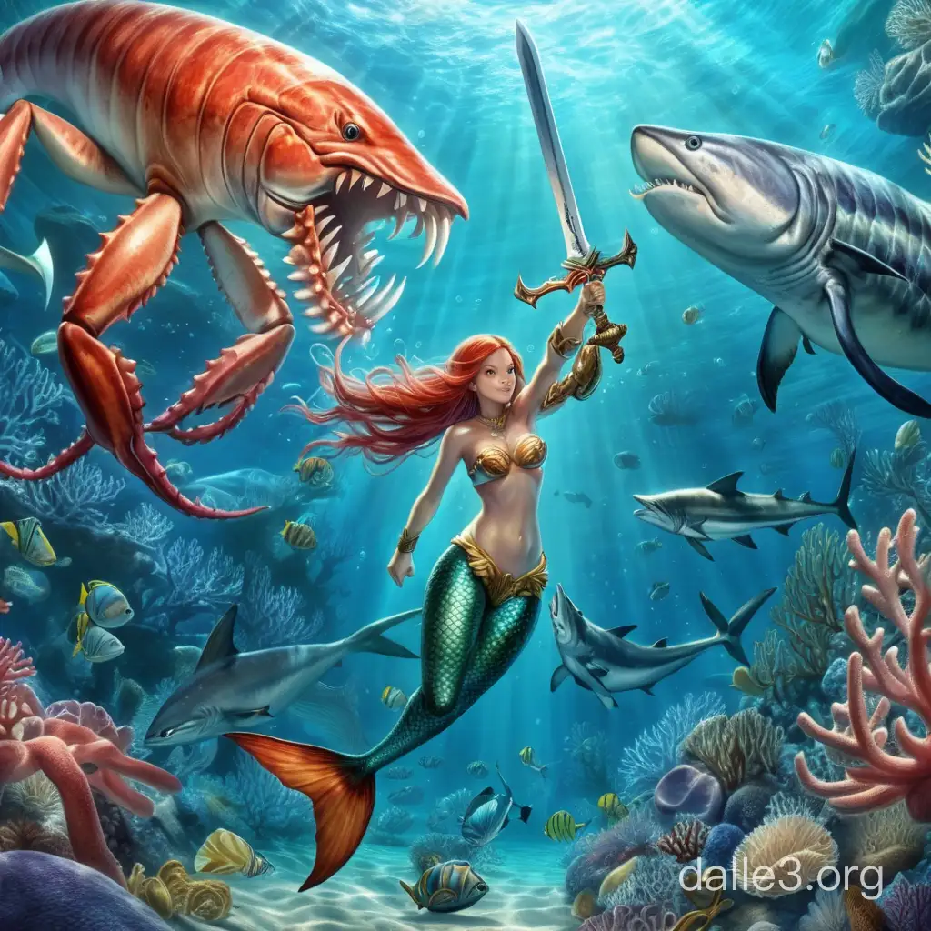 海底深处，珊瑚丛旁，美人鱼手持剑鱼骨和一只三米高的帝王蟹打架