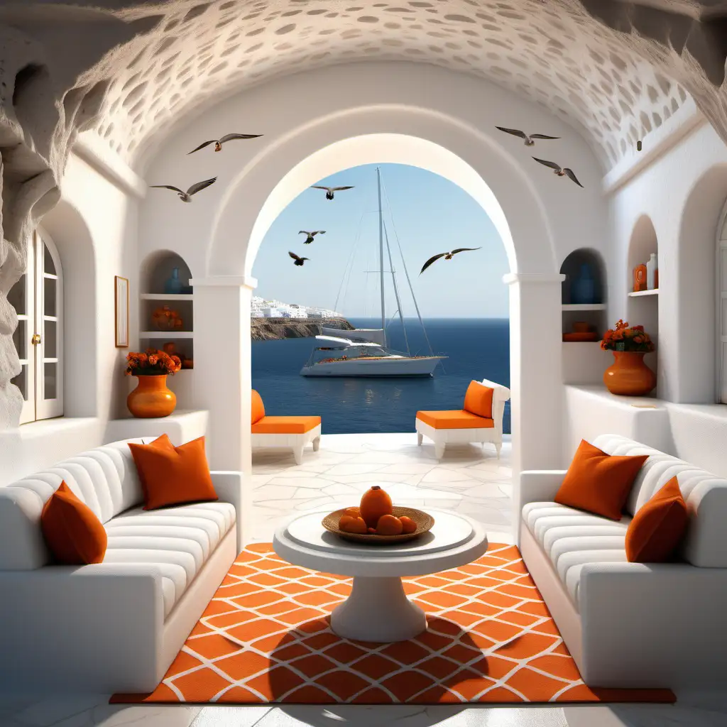 a mykonos- inspired white cave house, with arch doors, woven couch and chairs, white stone table with orange vase, with seagulls and yacht outside, opulent place, hyper realistic